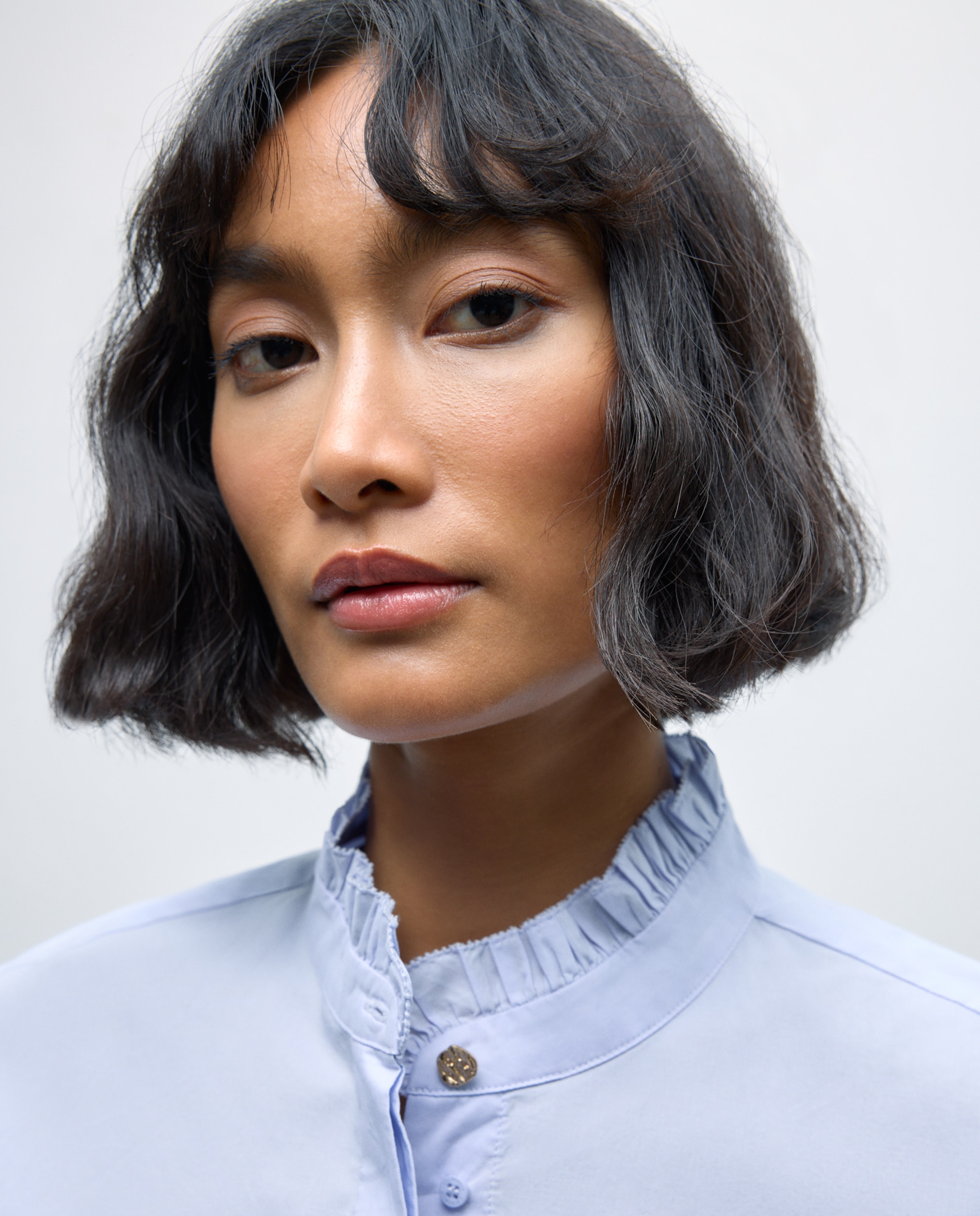 Camisa de Manga Comprida em Popelina com Folho 400 Azul-2