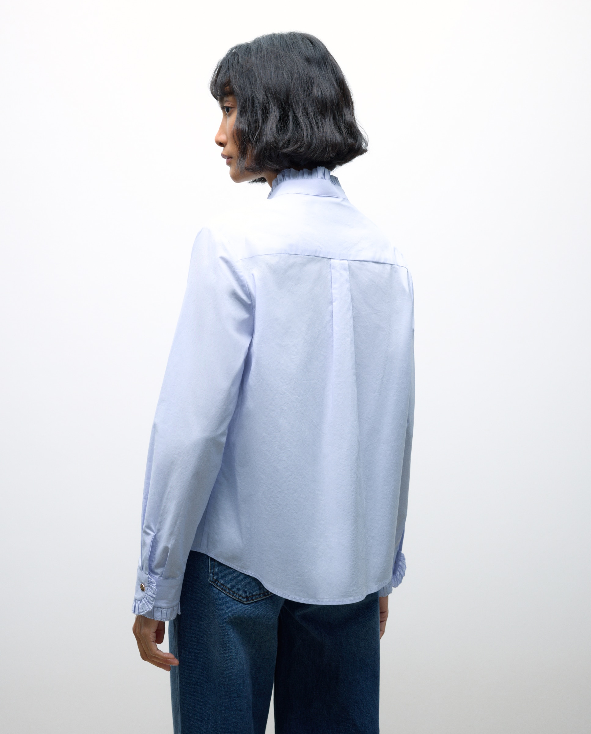 Camisa de Manga Comprida em Popelina com Folho 400 Azul-3