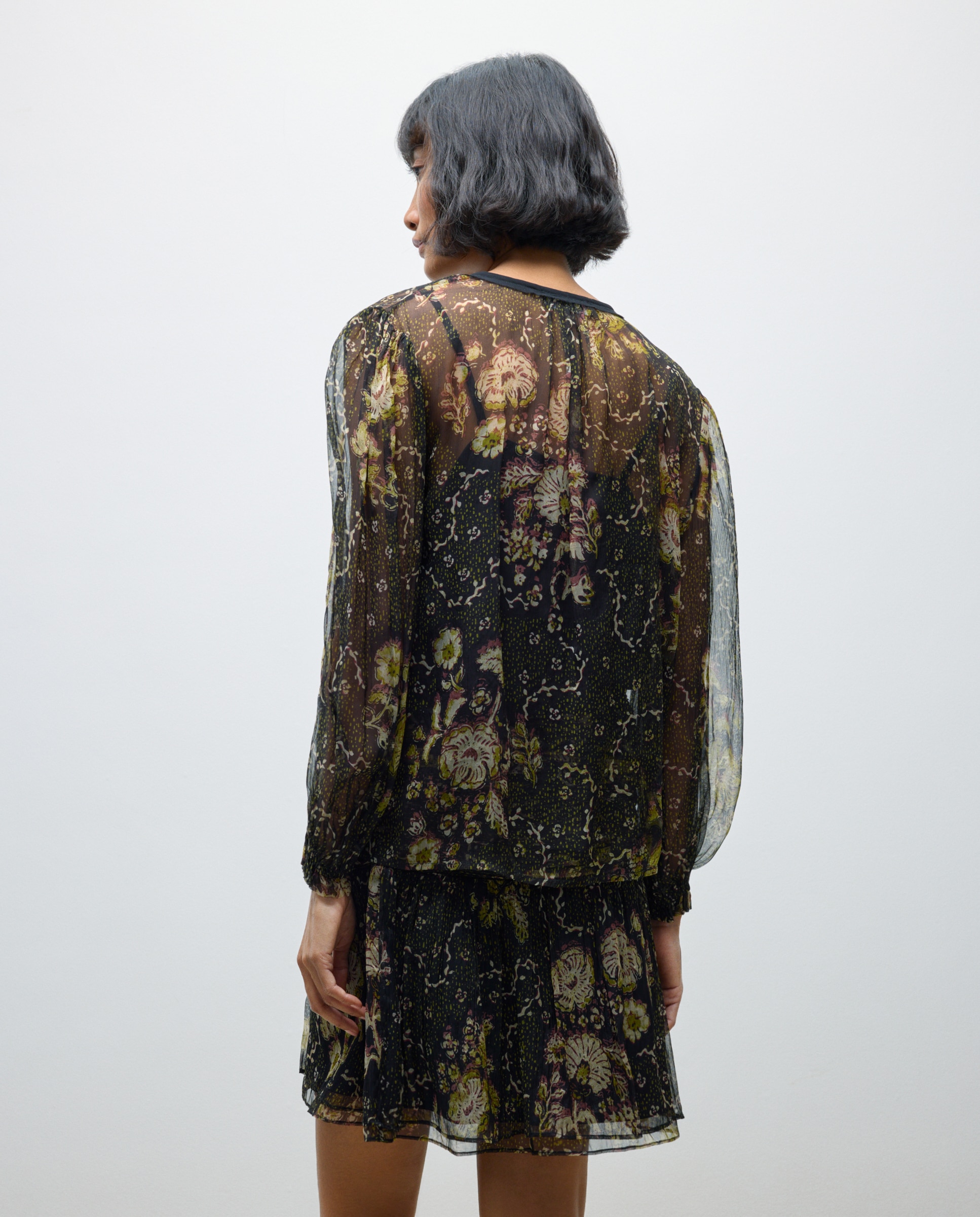 Blusa de Manga Comprida Estampada com Decote em Bico Preto-2