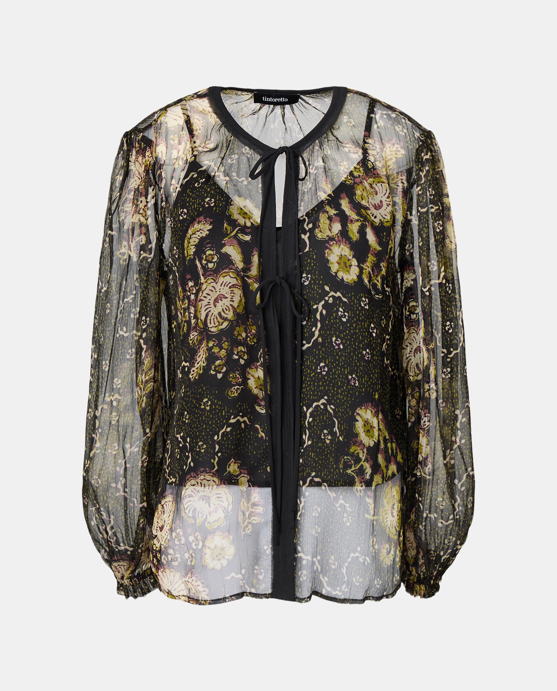 Blusa de Manga Comprida Estampada com Decote em Bico Preto-4