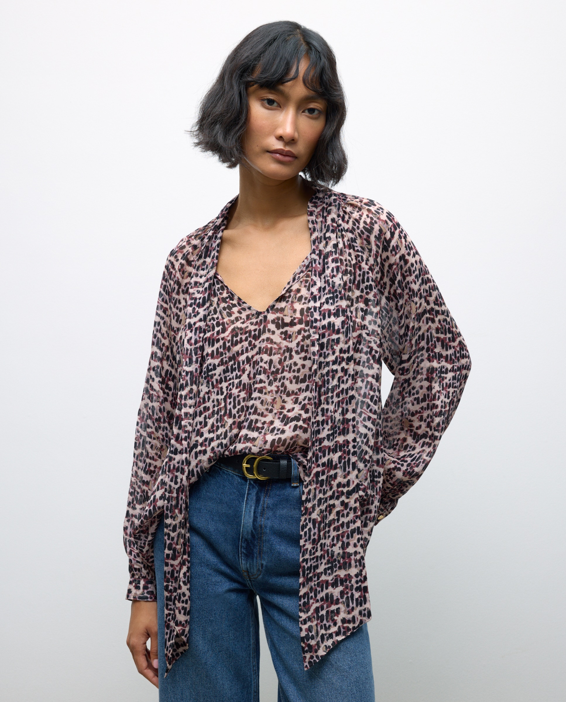 Blusa de Manga Comprida com Laço no Colarinho Camel-2