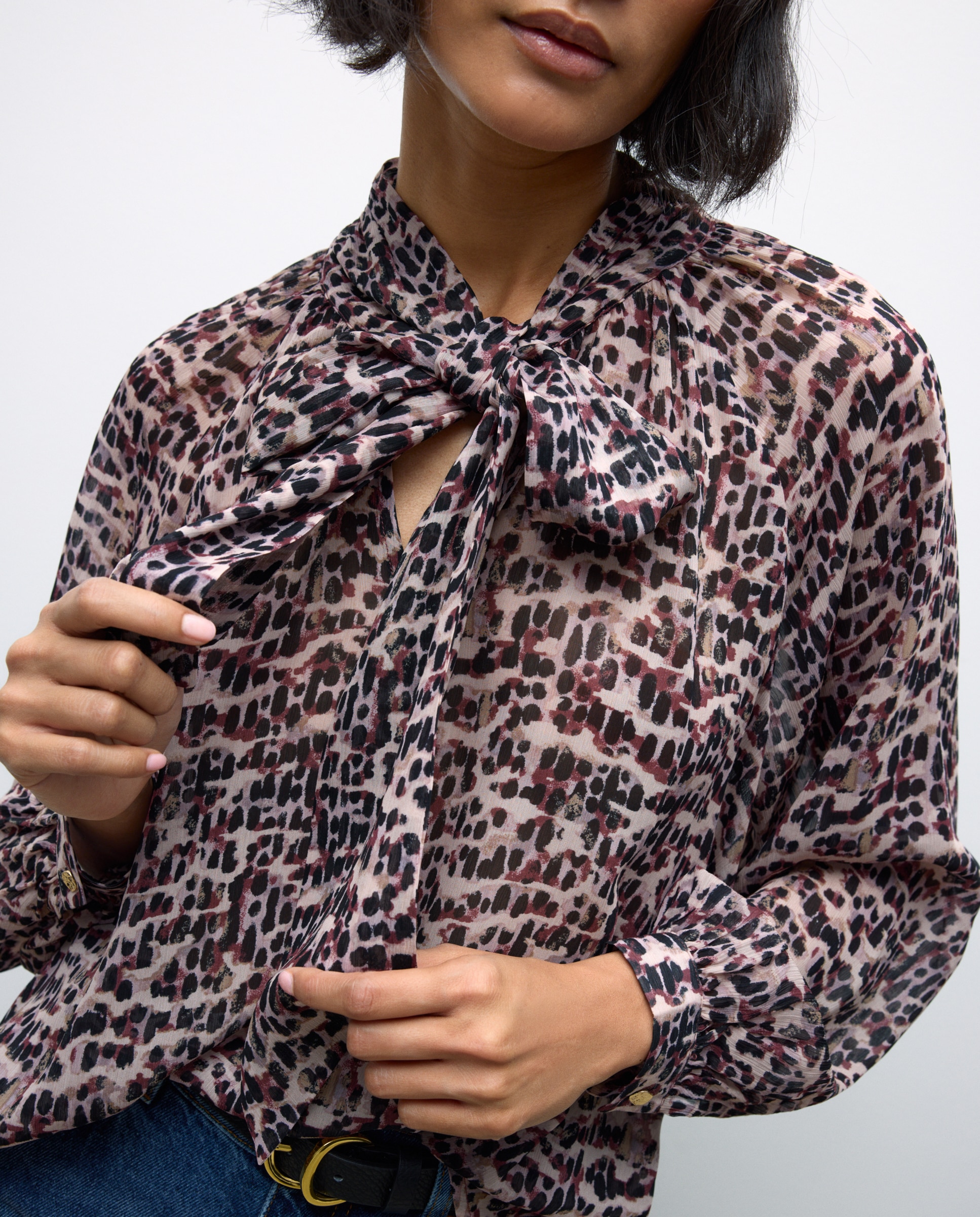 Blusa de Manga Comprida com Laço no Colarinho Camel-3