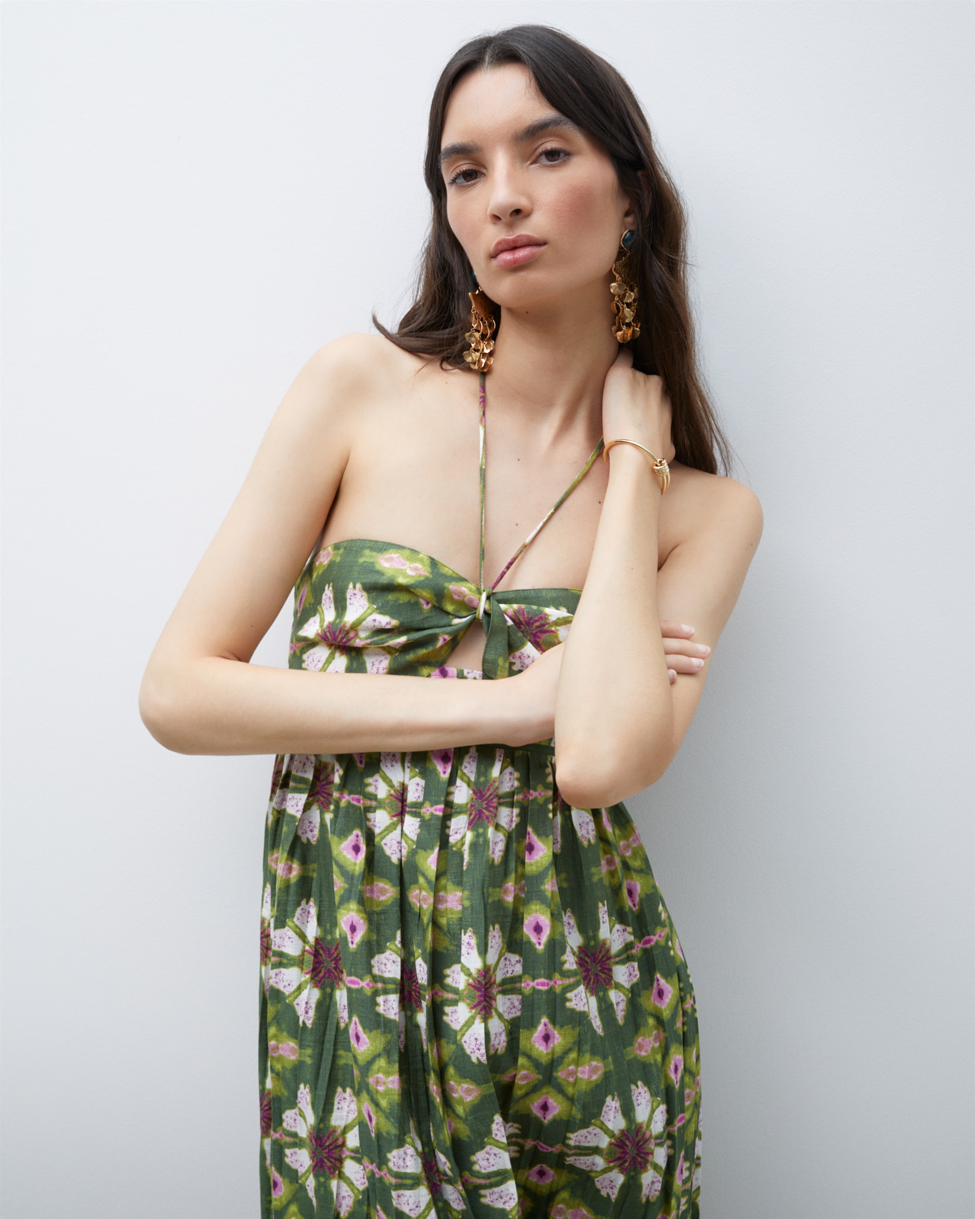 Vestido Midi Plissado sem Mangas Verde-3