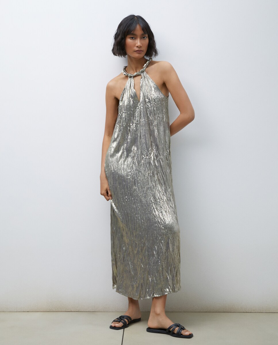 Vestido Midi Halter sem Mangas com Detalhe de Nó e Brilhantes Prata-2