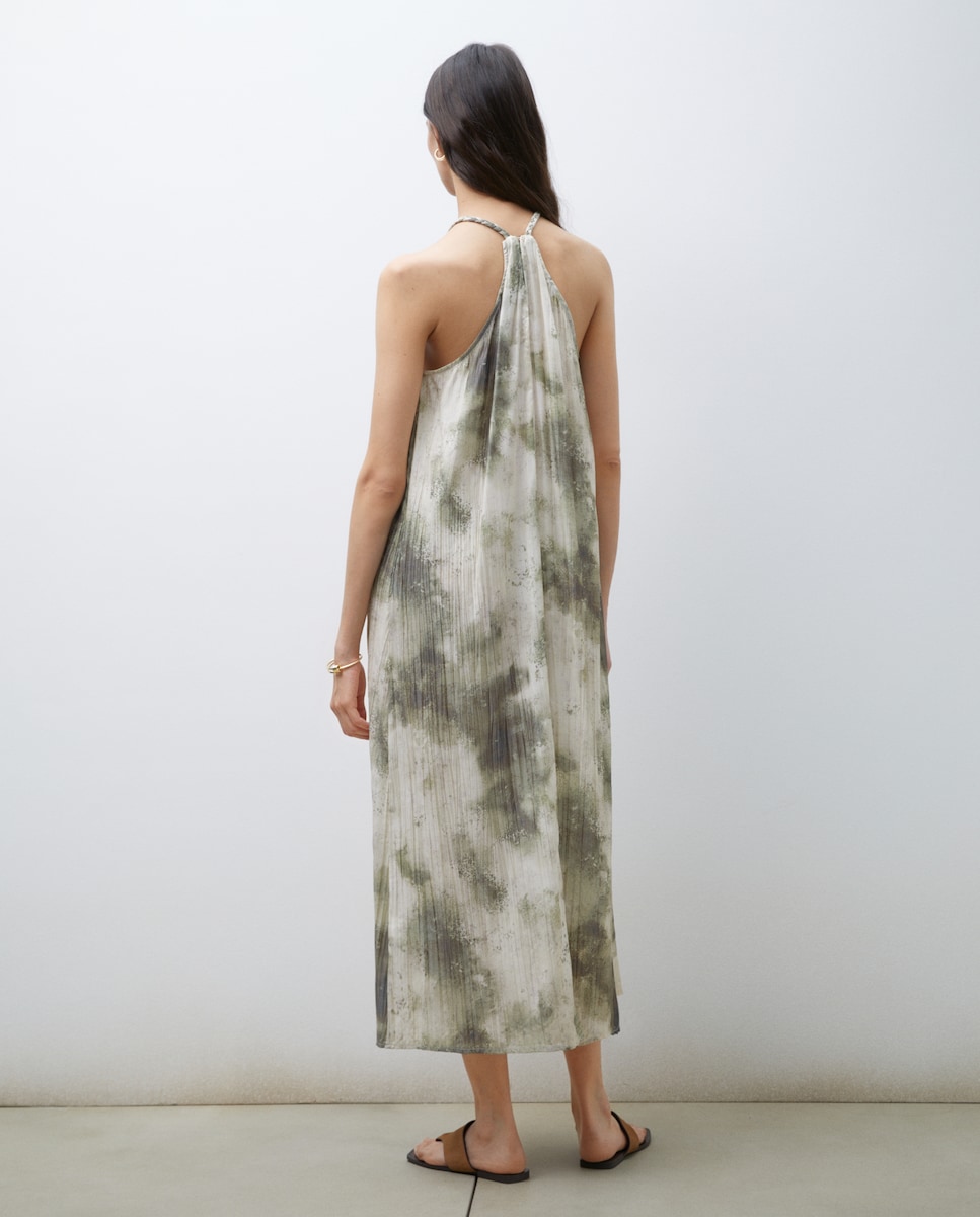 Vestido Estampado sem Mangas Halter Midi com Detalhe Entrançado Verde-3