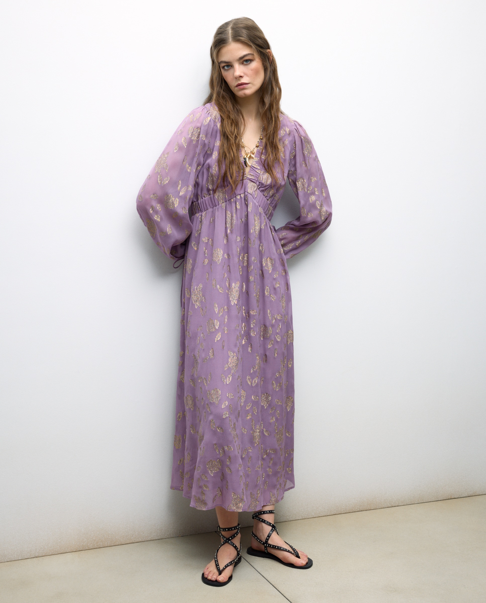 Vestido Midi de Manga Comprida Jacquard com Brilho 283 Lavanda-1