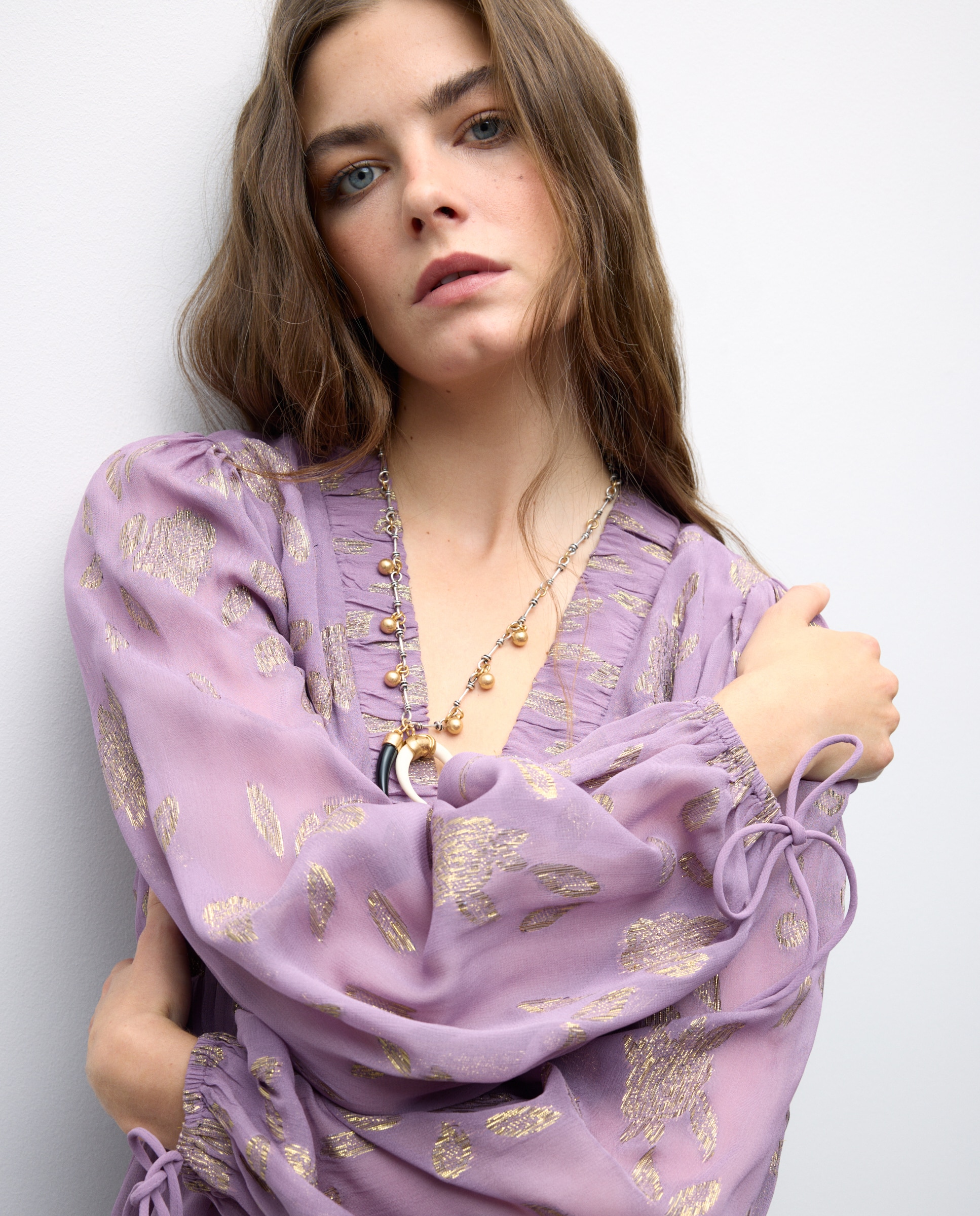 Vestido Midi de Manga Comprida Jacquard com Brilho 283 Lavanda-2