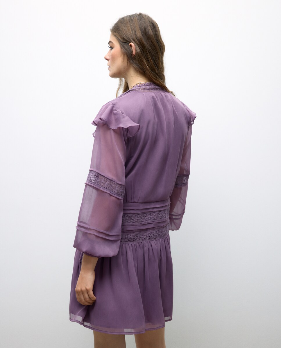 Vestido Curto de Chiffon com Manga Comprida e Renda 283 Lavanda-2