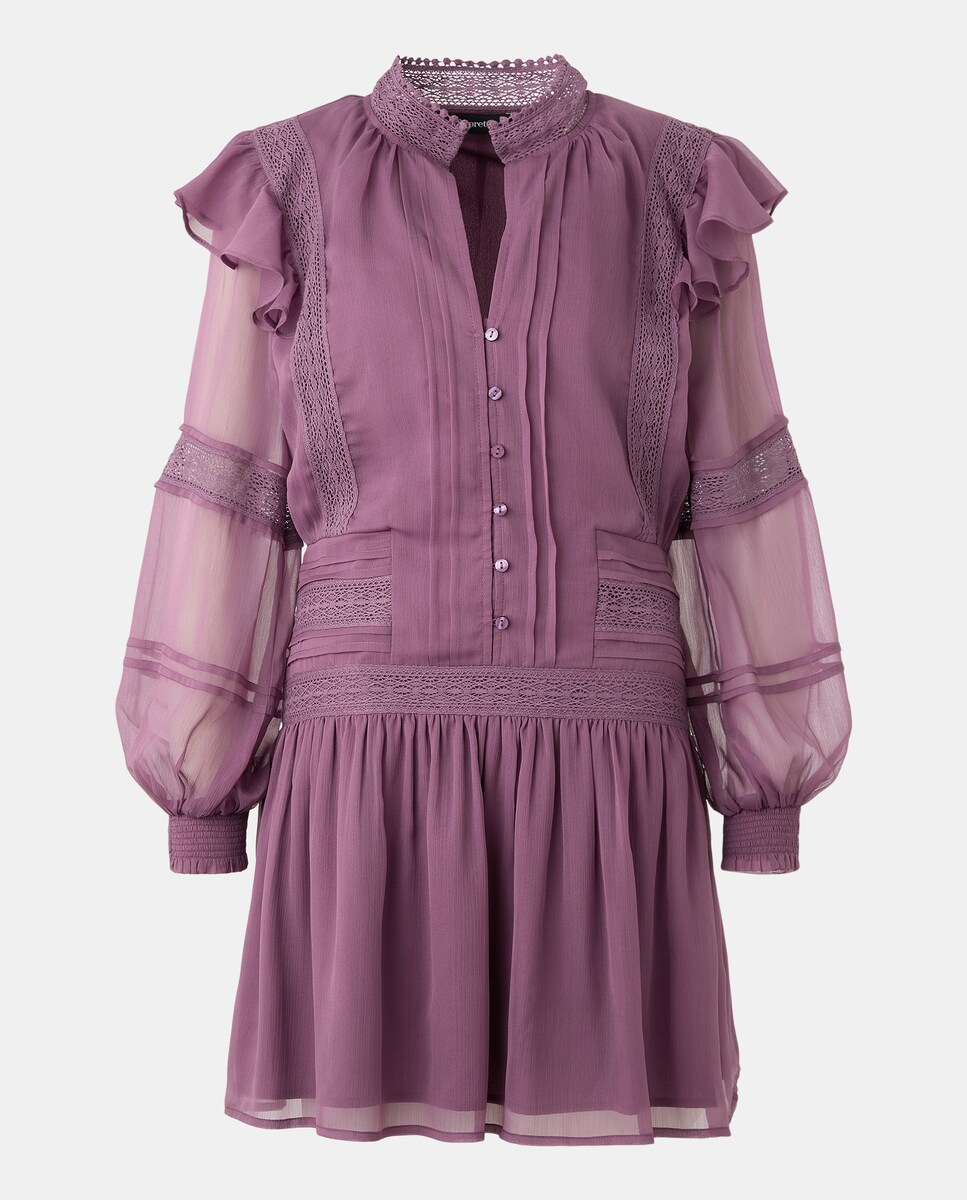 Vestido Curto de Chiffon com Manga Comprida e Renda 283 Lavanda-5