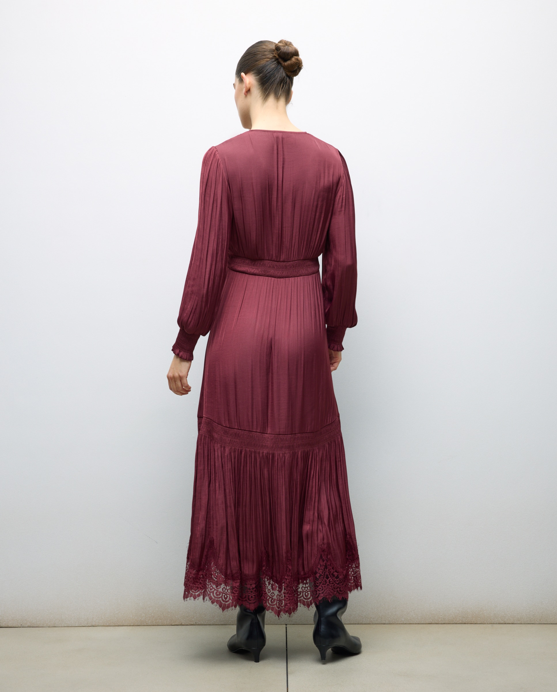Vestido Midi de Manga Comprida com Decote em Bico Bordeaux-3