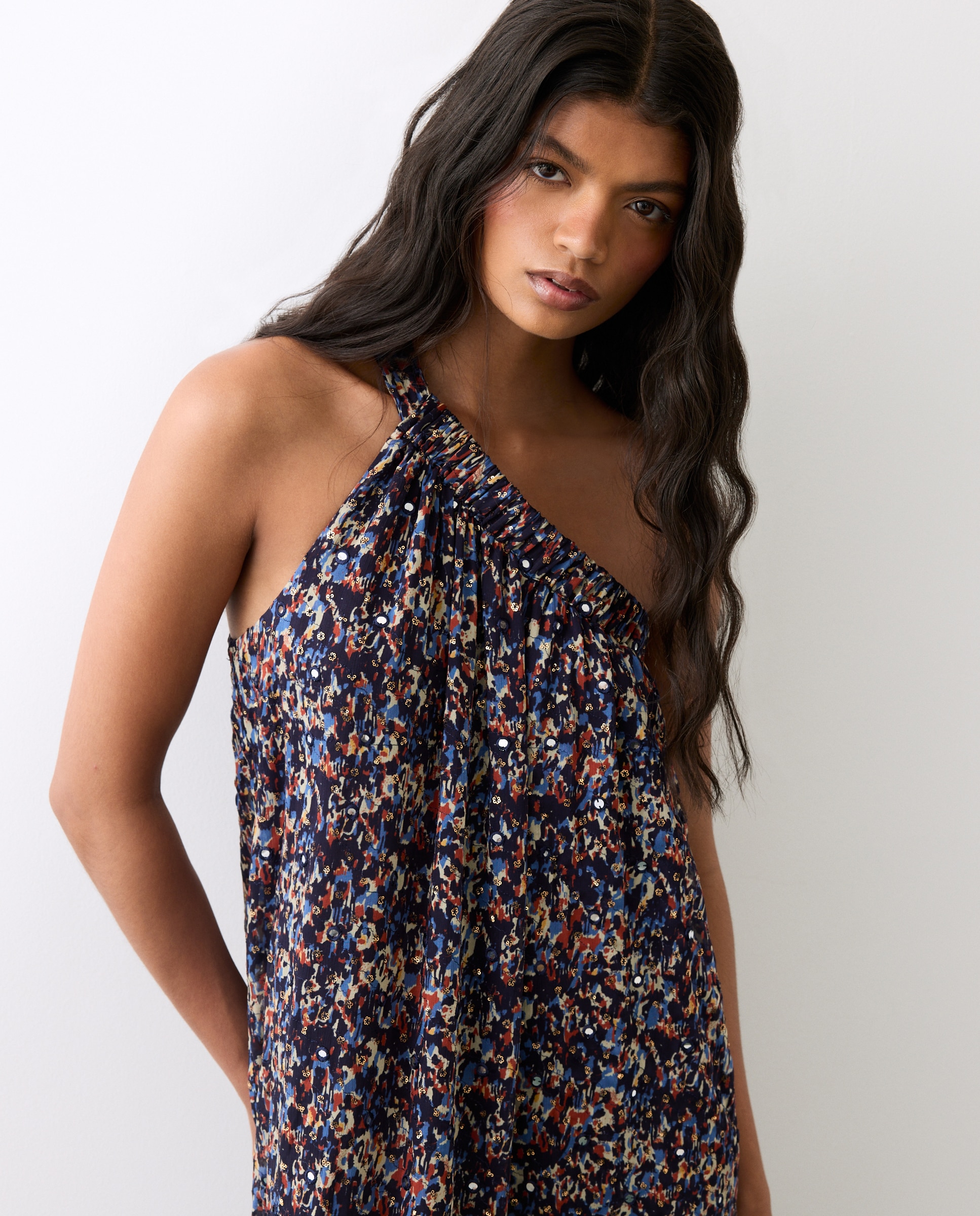 Vestido com Decote Assimétrico Azul-marinho-2