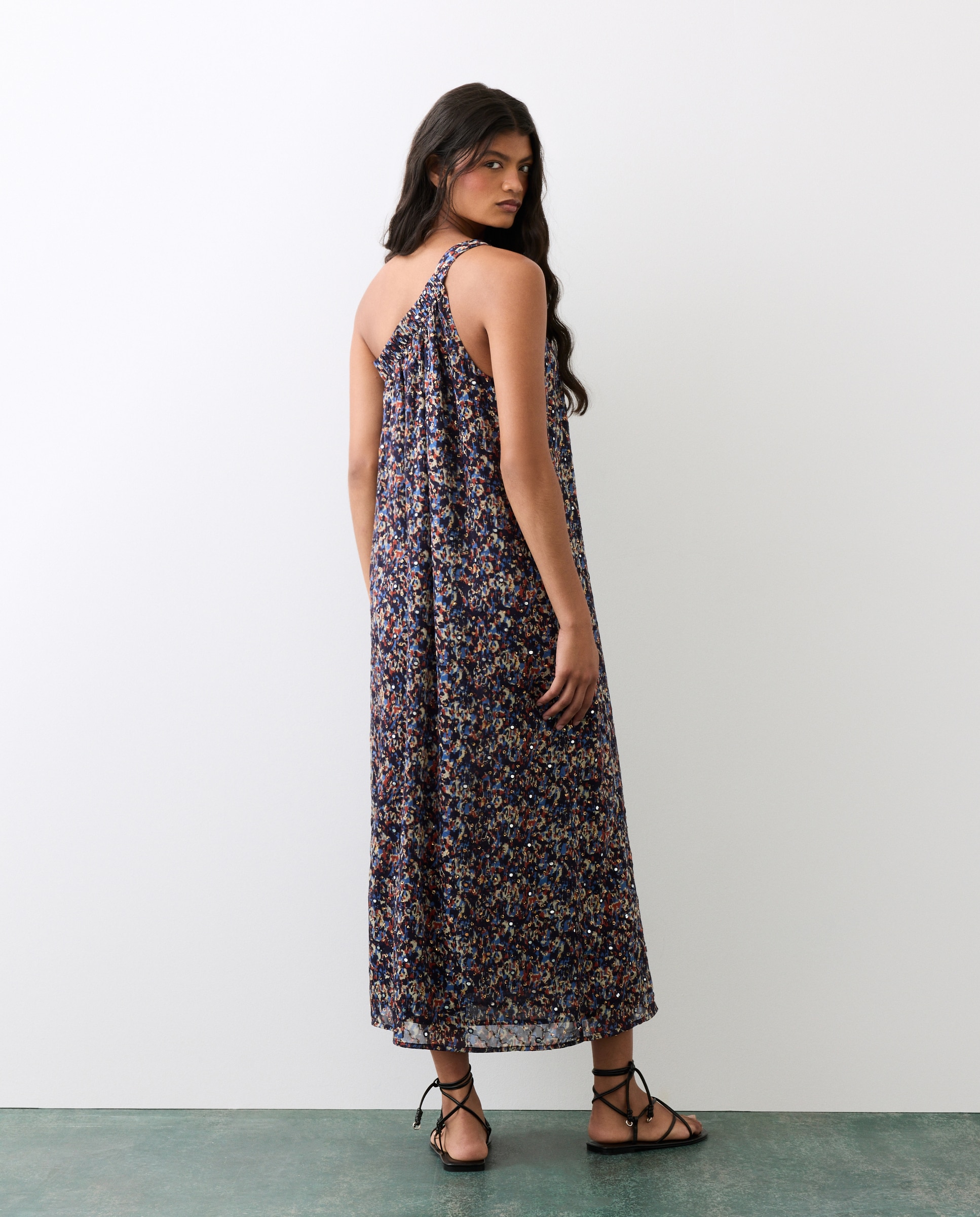Vestido com Decote Assimétrico Azul-marinho-3