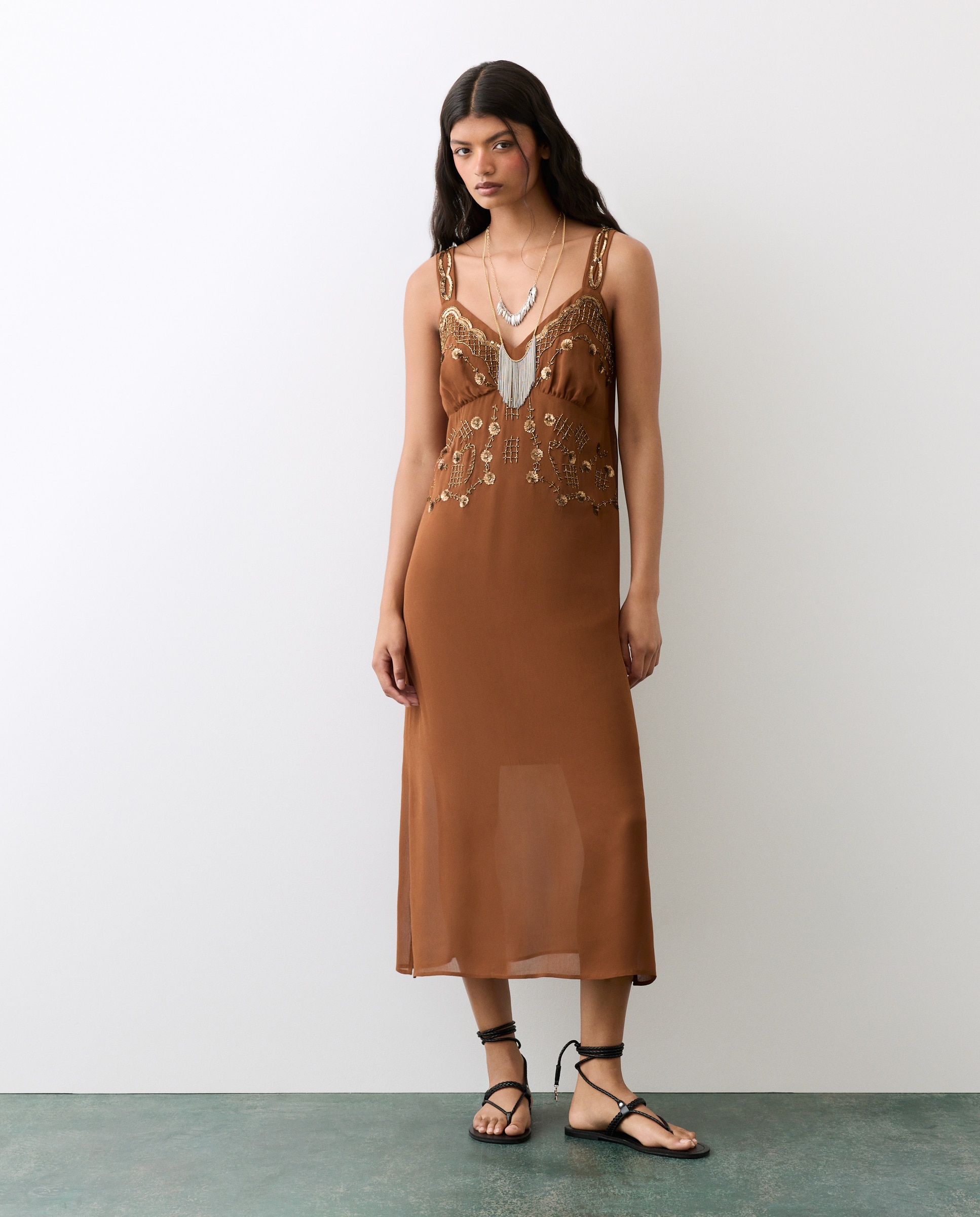 Vestido de alças com lantejoulas 770 Terracota-2