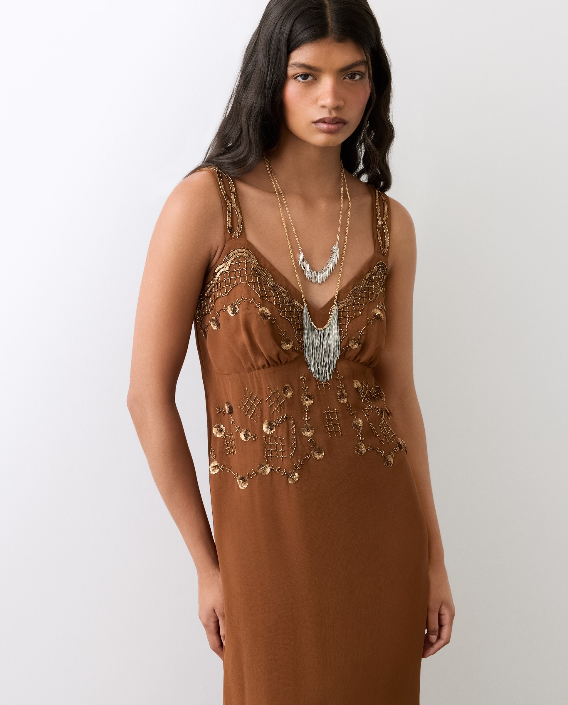 Vestido de alças com lantejoulas 770 Terracota-3