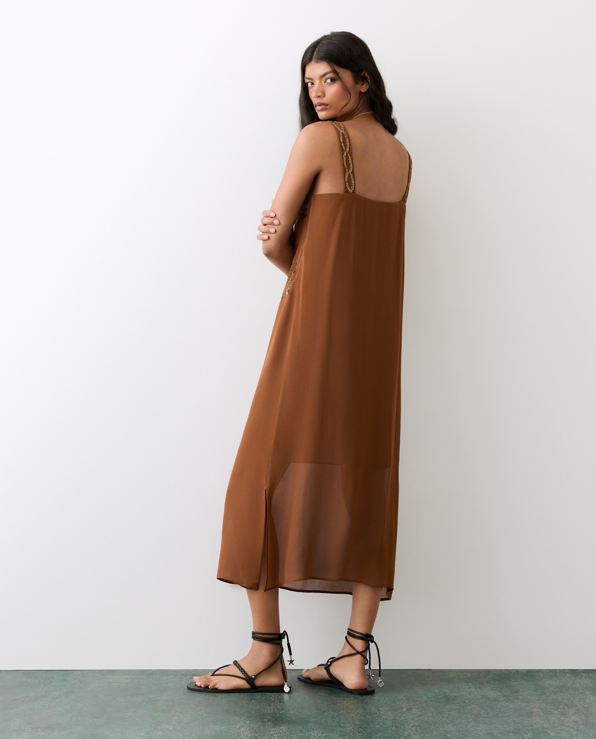 Vestido de alças com lantejoulas 770 Terracota-4