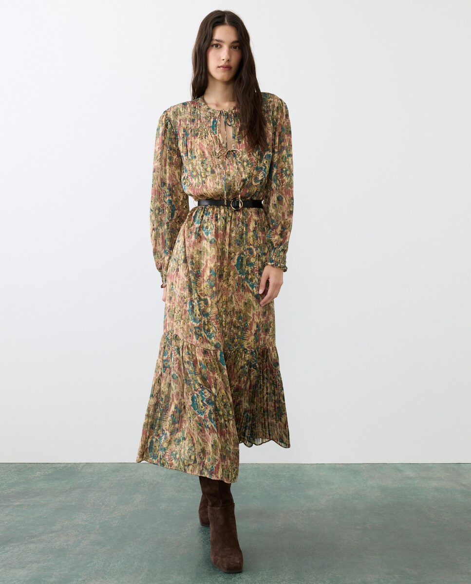 Imagen 0 de Vestido midi camisero estampado manga larga con cinturón de mujer Verde