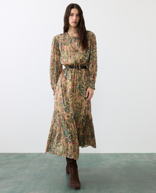 Vestido midi camisero estampado manga larga con cinturón de mujer
