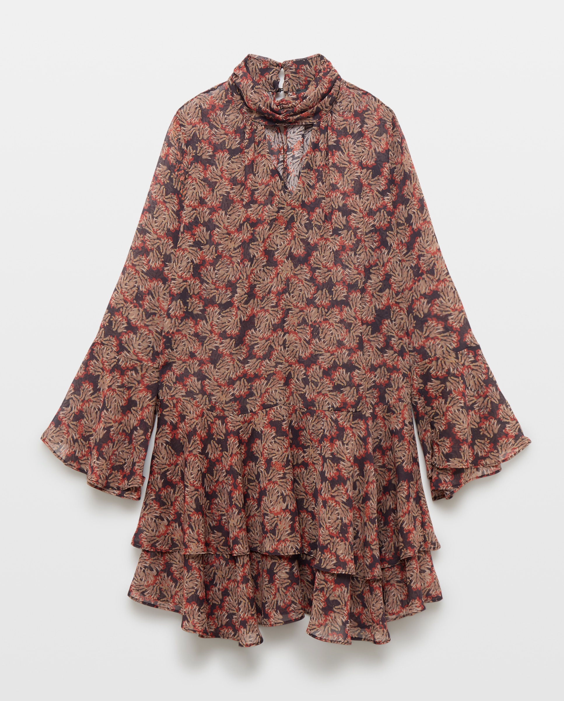 Vestido Curto com Folhos Castanho-5