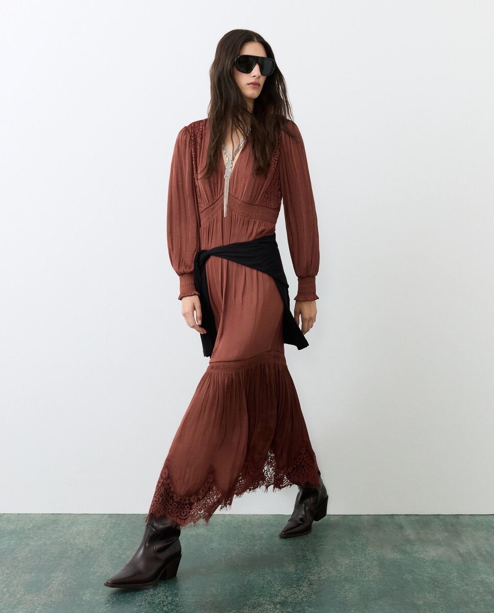 Imagen 0 de Vestido con detalle de blonda Marrón
