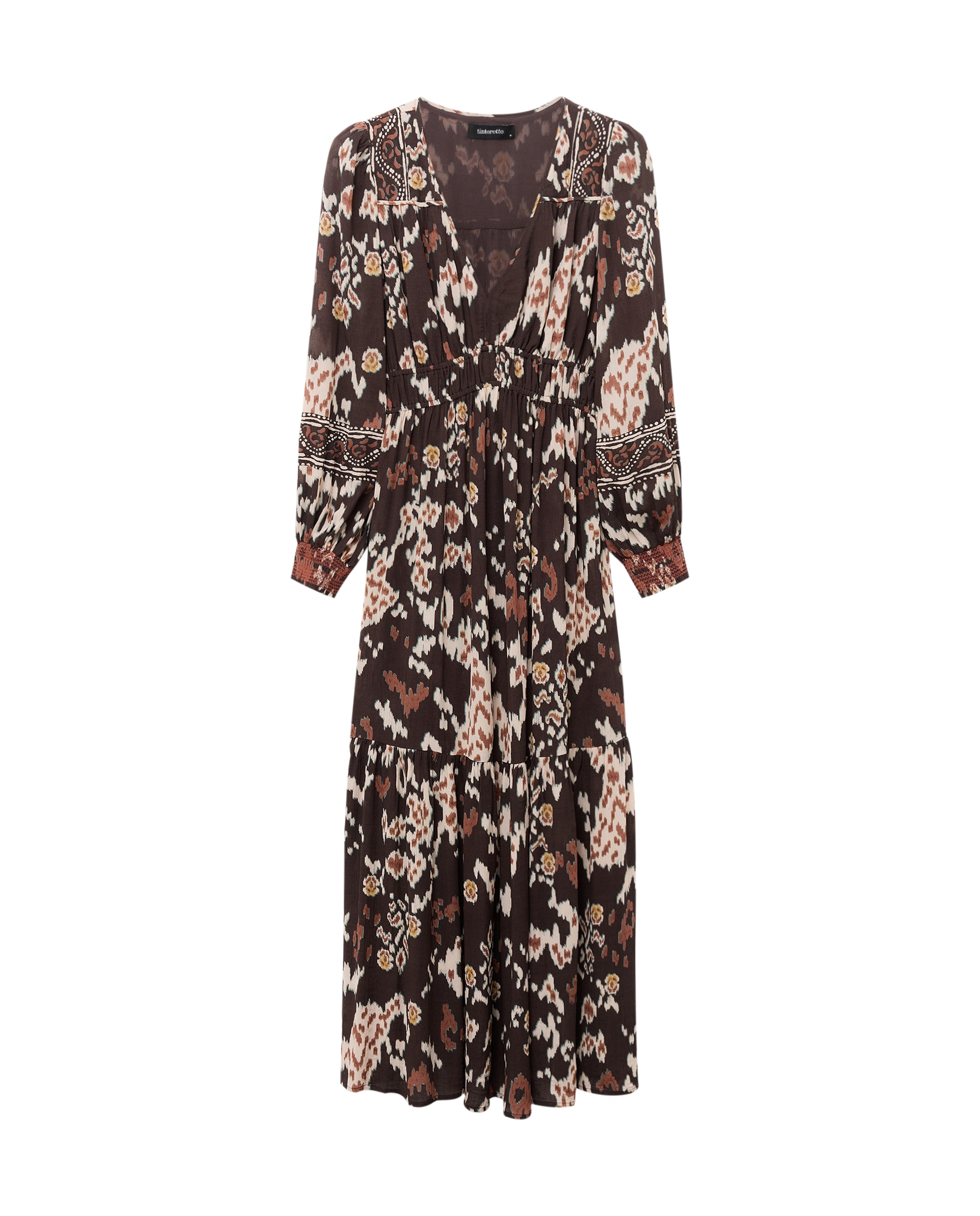 Vestido midi manga larga estampado escote pico - Tintoretto - Negro Negro-1