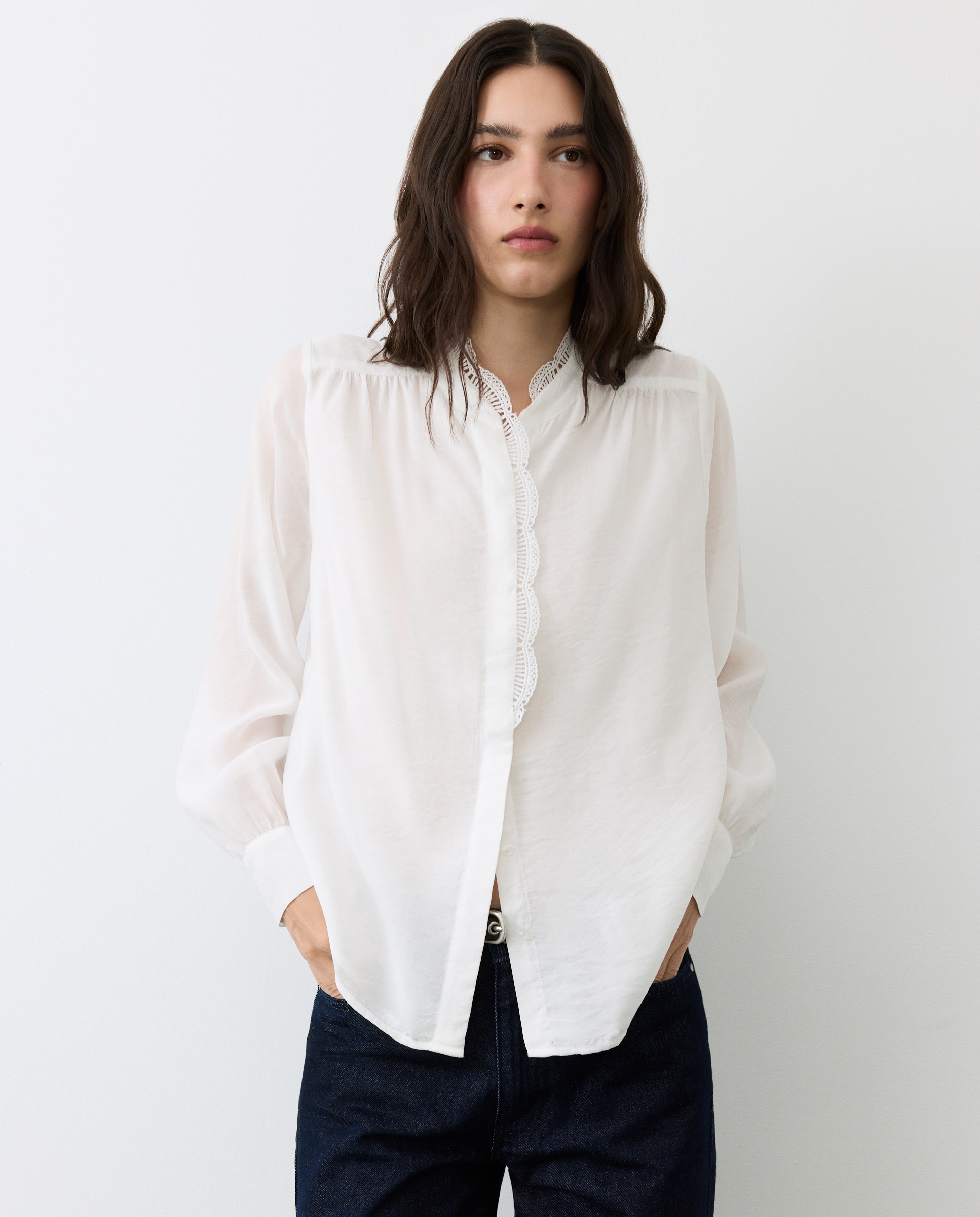 Blusa manga larga encaje ondas cuello de mujer - Tintoretto - Blanco roto Blanco roto-1