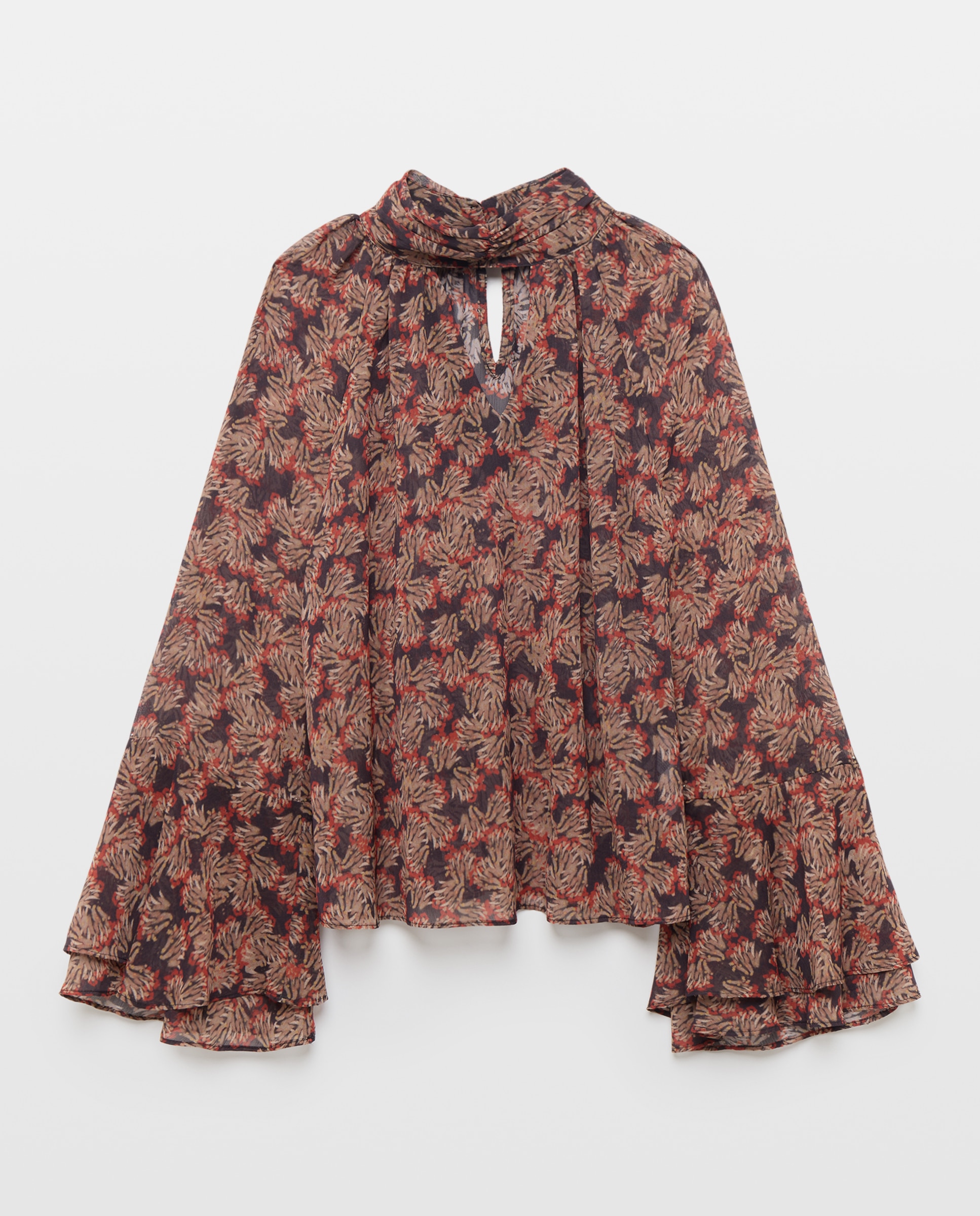 Blusa Estampada com Folho na Manga Castanho-4