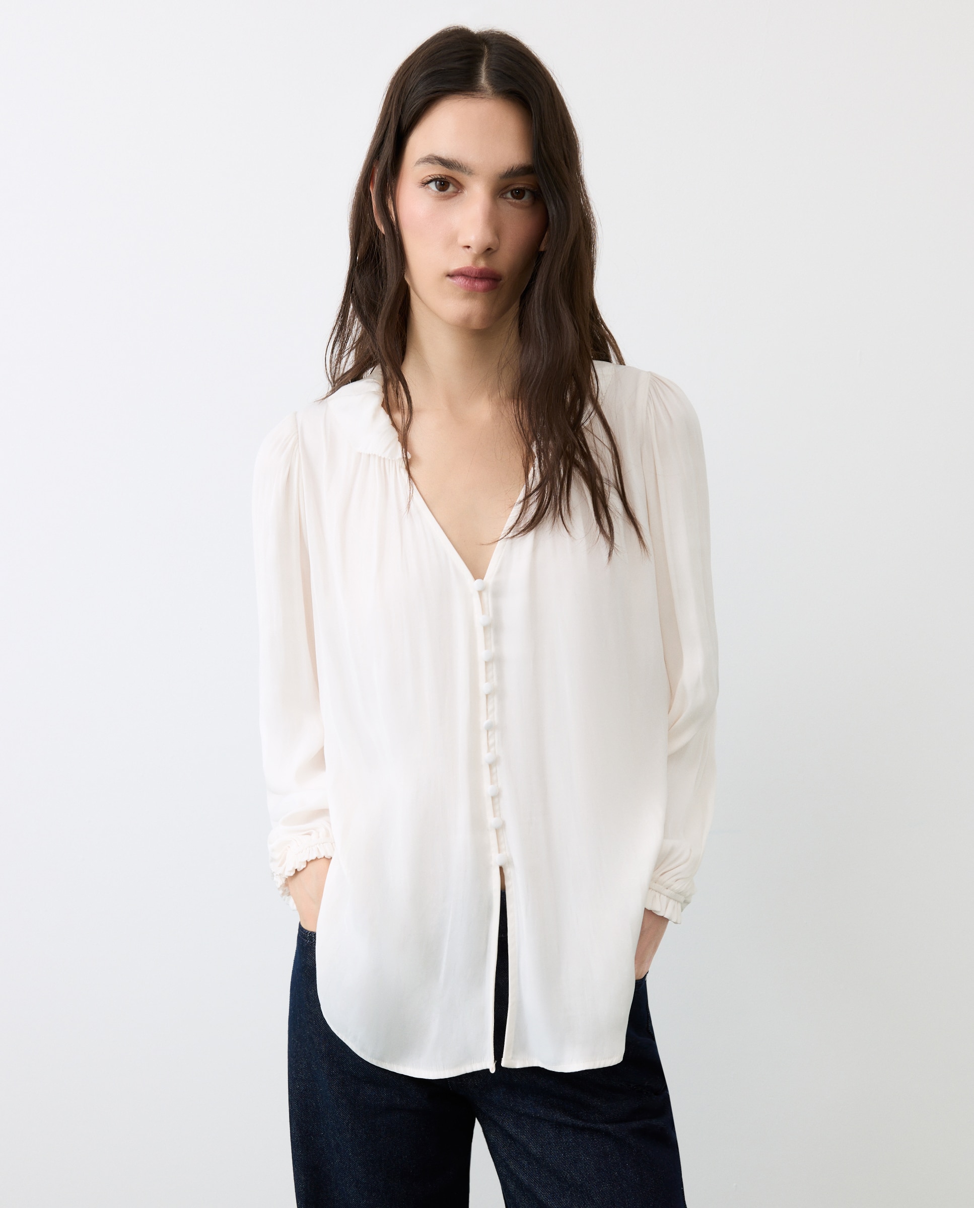 Blusa manga larga satinada cuello volante - Tintoretto - 120 Crudo 120 Crudo-1