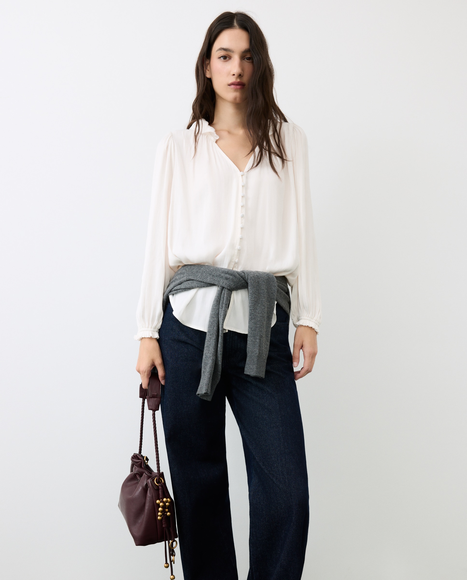 Blusa manga larga satinada cuello volante - Tintoretto - 120 Crudo 120 Crudo-3