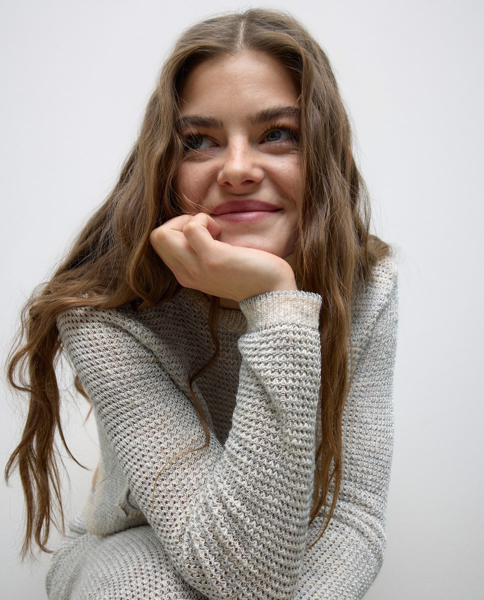 Cardigan com Fio Metalizado Prateado envelhecido-3