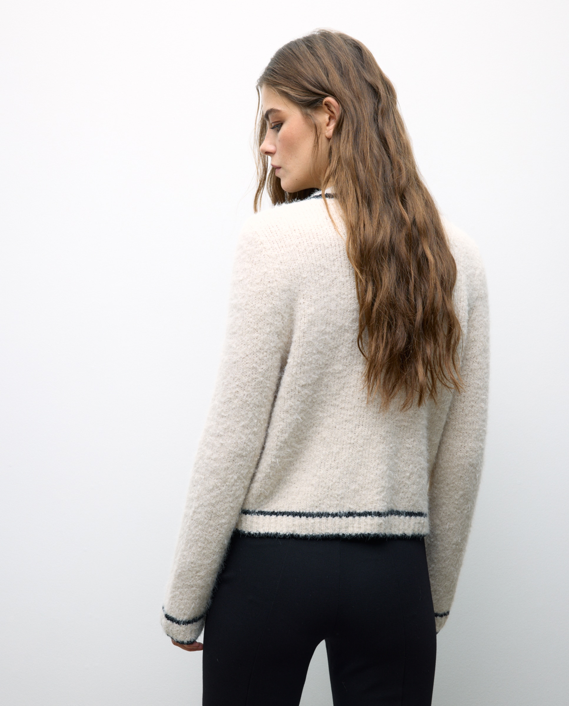 Casaco de Malha com Vivos em Contraste 120 Cru-3