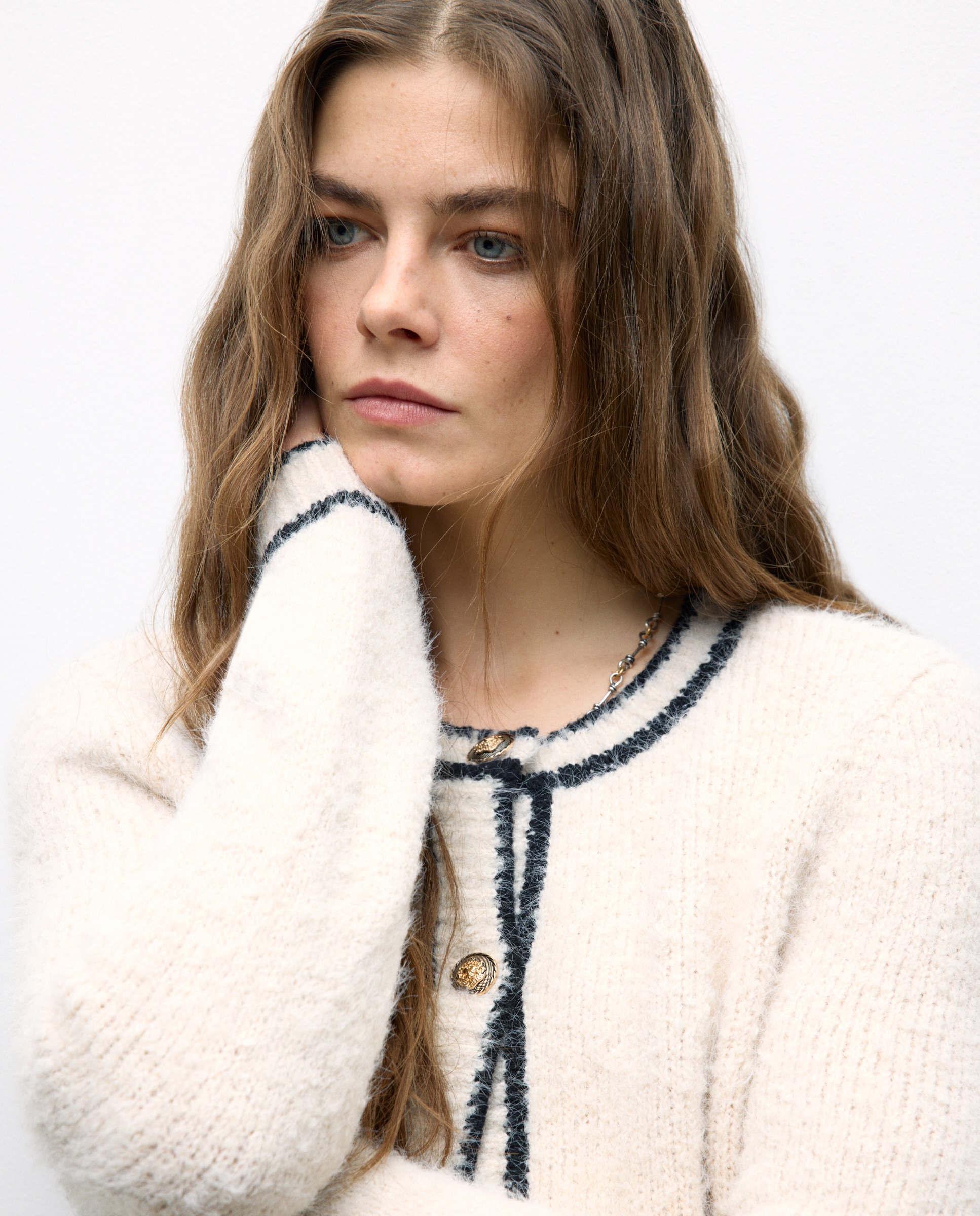 Casaco de Malha com Vivos em Contraste 120 Cru-4