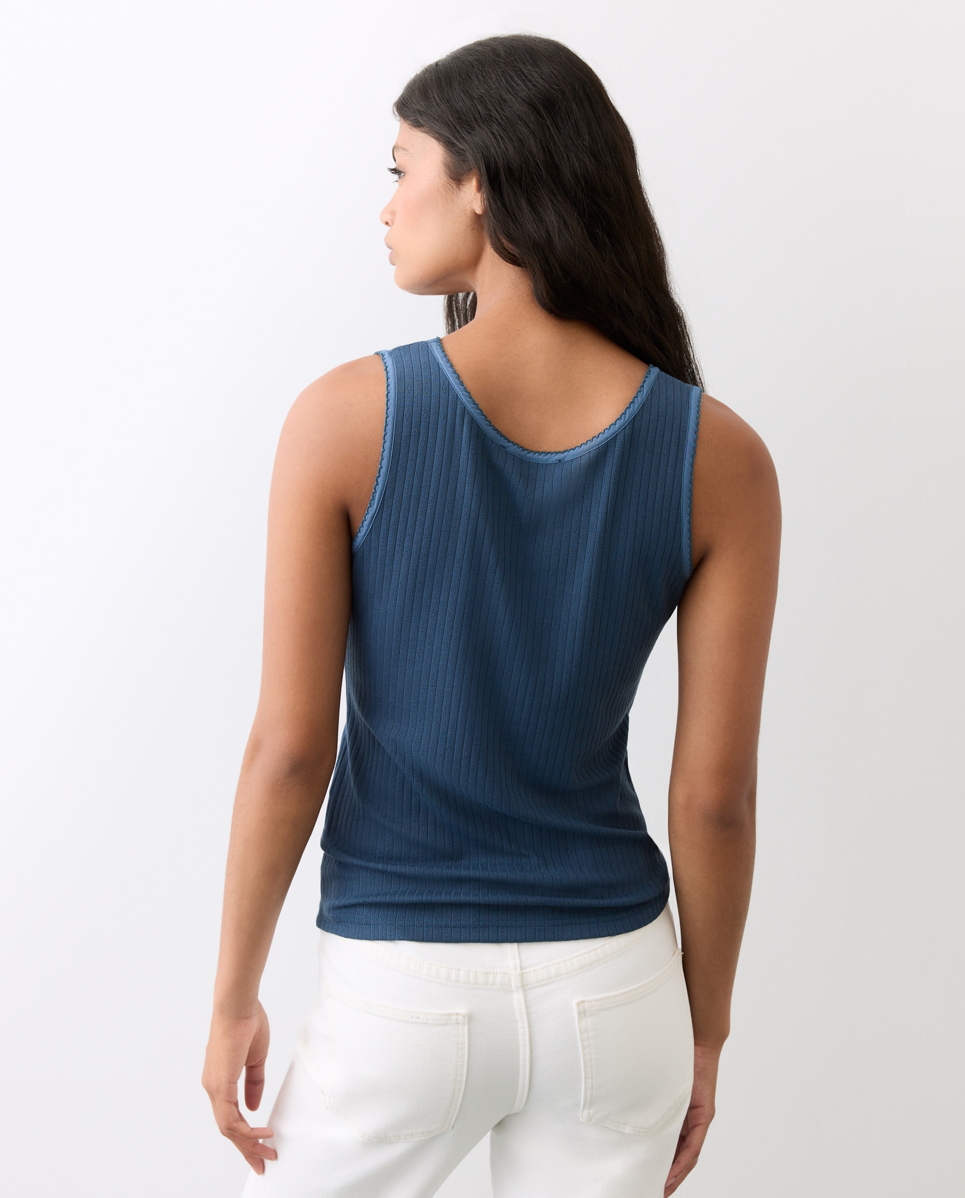 T-shirt sem Mangas com Rendilhados Azul-escuro-3