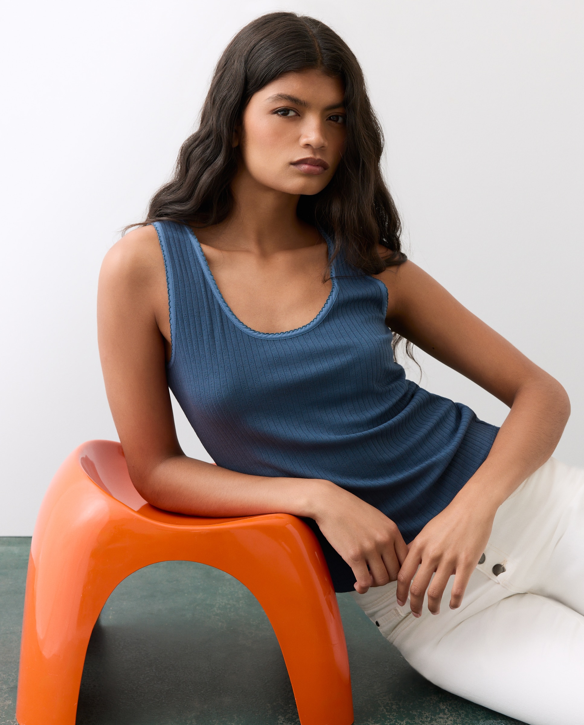 T-shirt sem Mangas com Rendilhados Azul-escuro-4