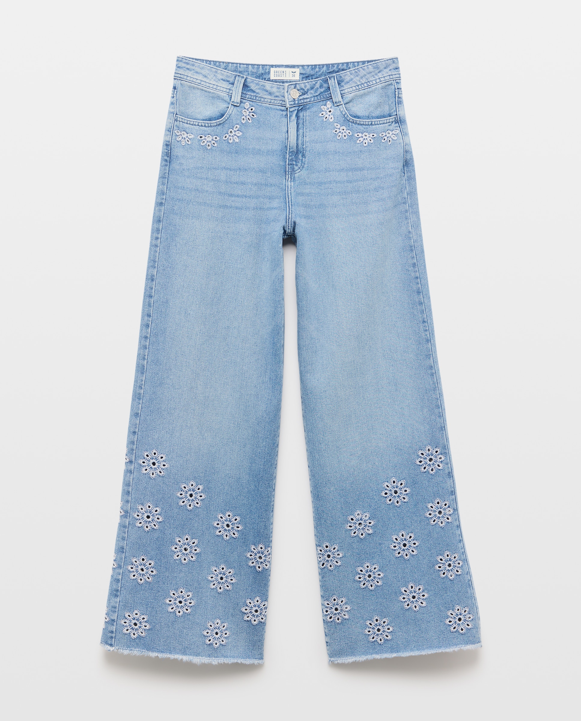 Pantalón de mujer wide leg troquelado - Green Coast - 120 Crudo Azul índigo-4