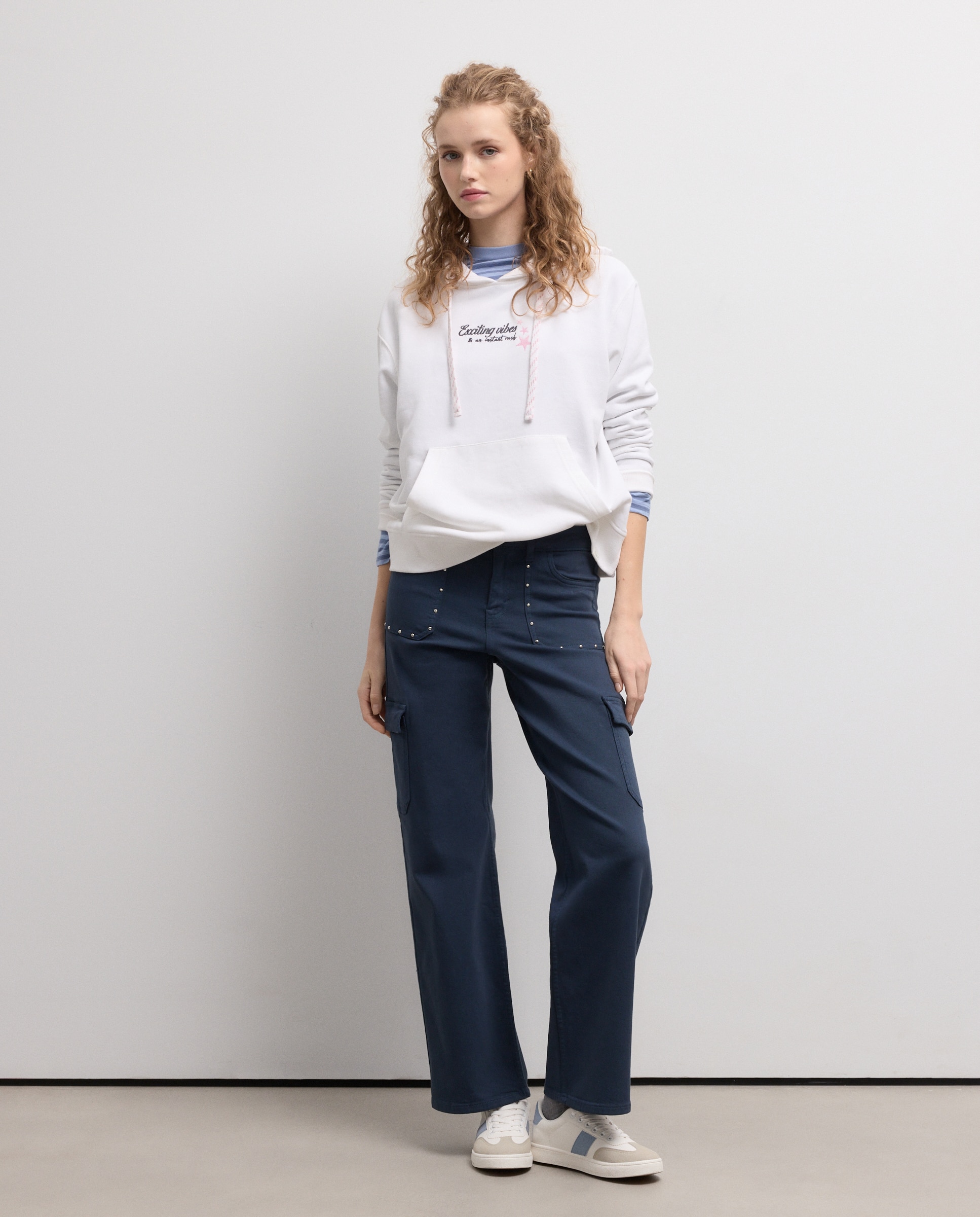 Pantalón recto liso de algodón de mujer - Green Coast - 820 Gris medio Azul marino-1