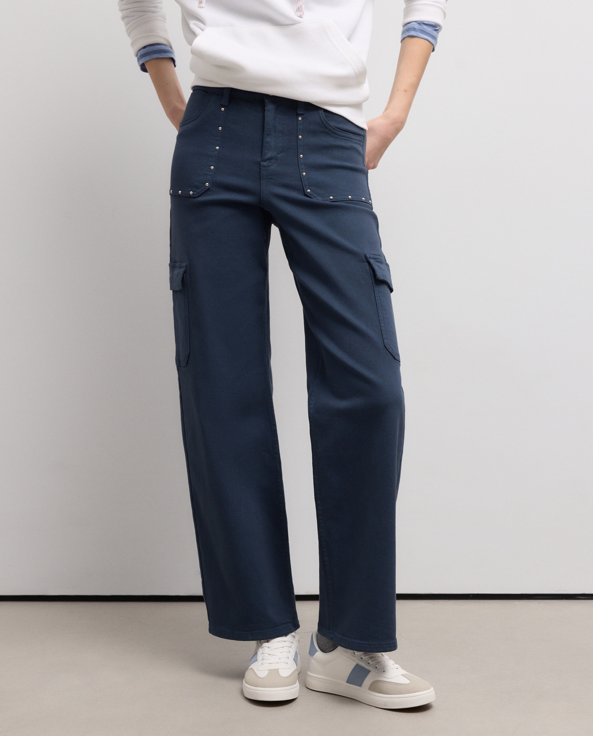 Pantalón recto liso de algodón de mujer - Green Coast - 820 Gris medio Azul marino-2