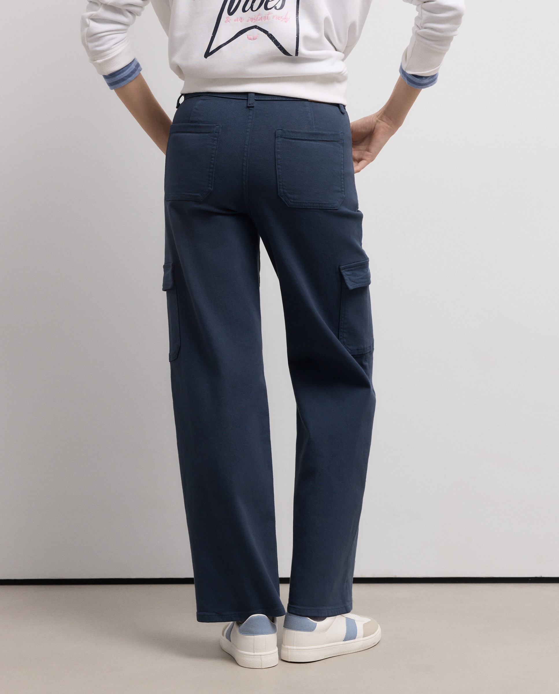 Pantalón recto liso de algodón de mujer - Green Coast - 820 Gris medio Azul marino-3