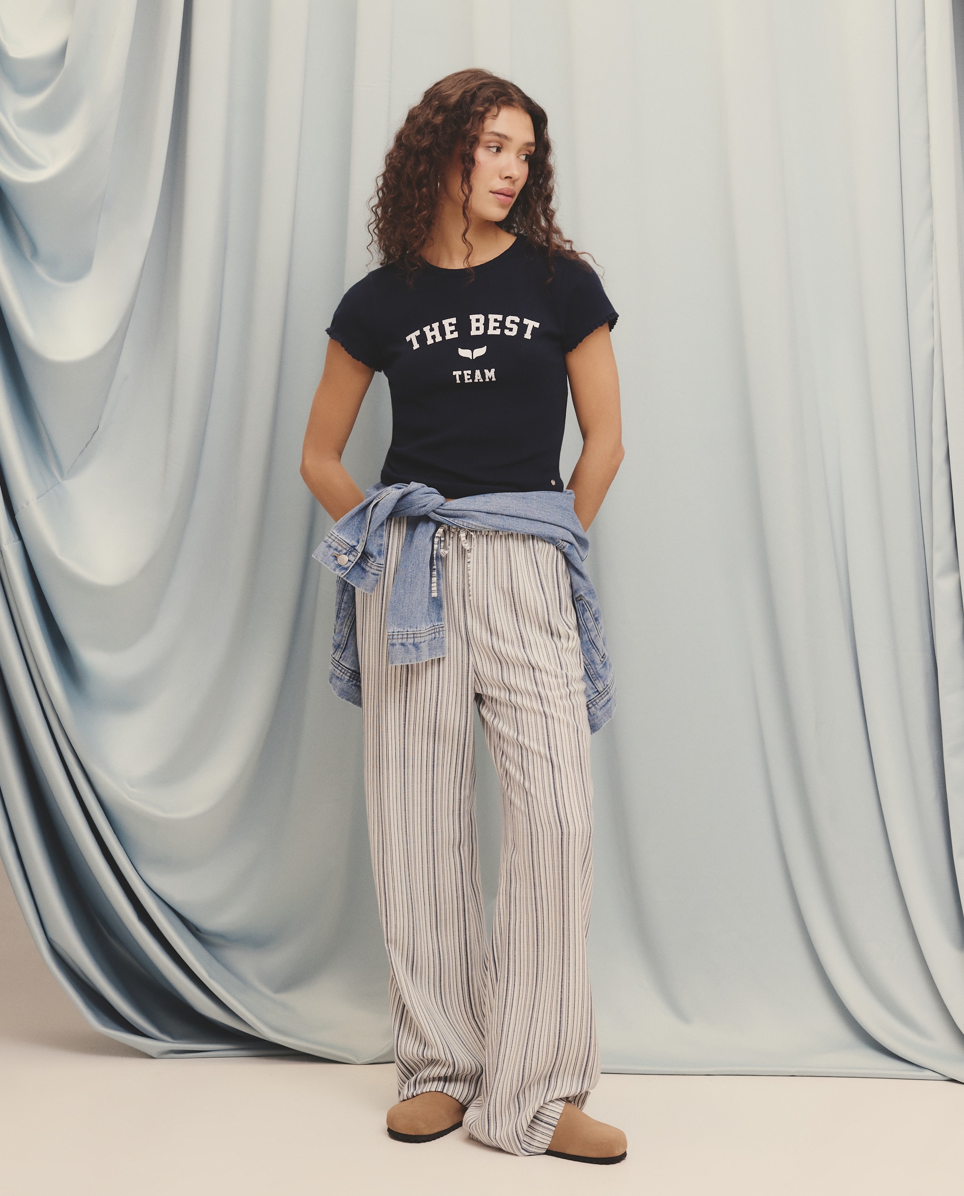 Imagen 1 de Pantalón ancho de mujer con cordón - Green Coast - 120 Crudo Azul pálido