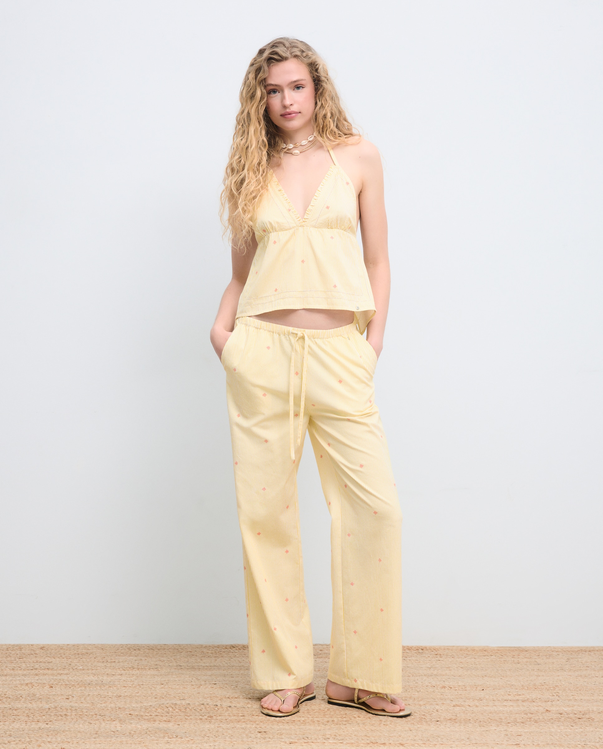 Pantalón ancho de mujer con rayas bordado 310 Amarillo claro