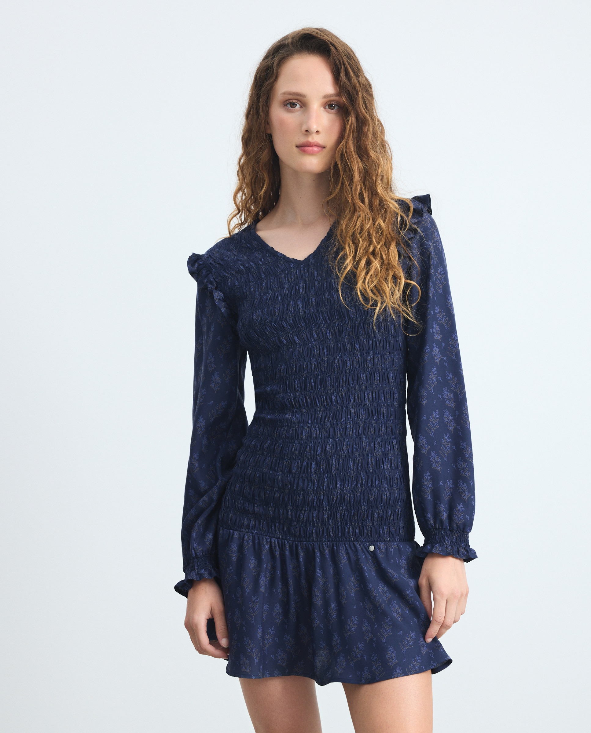 Vestido com Elásticos Estampado Azul-marinho-3