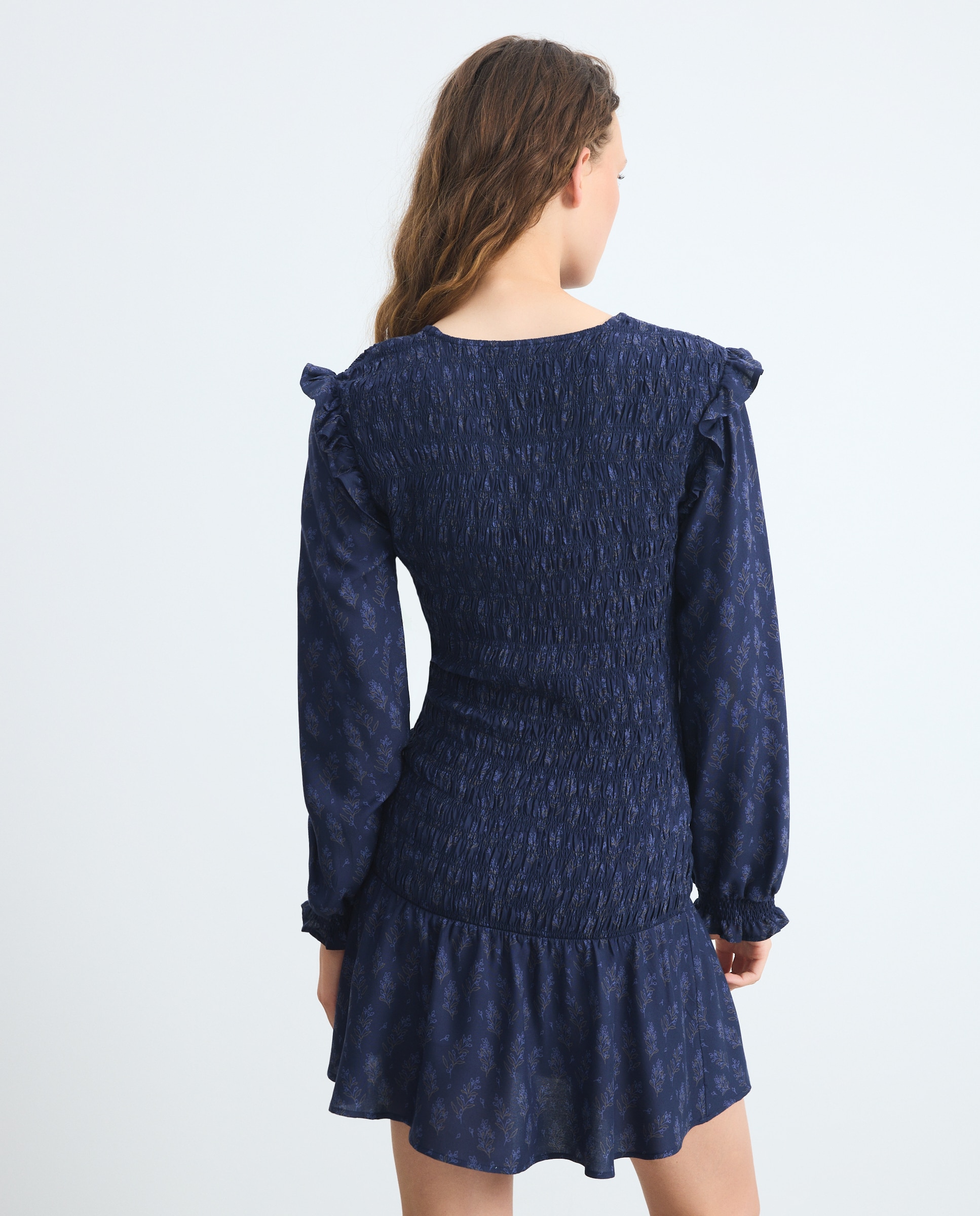 Vestido com Elásticos Estampado Azul-marinho-4