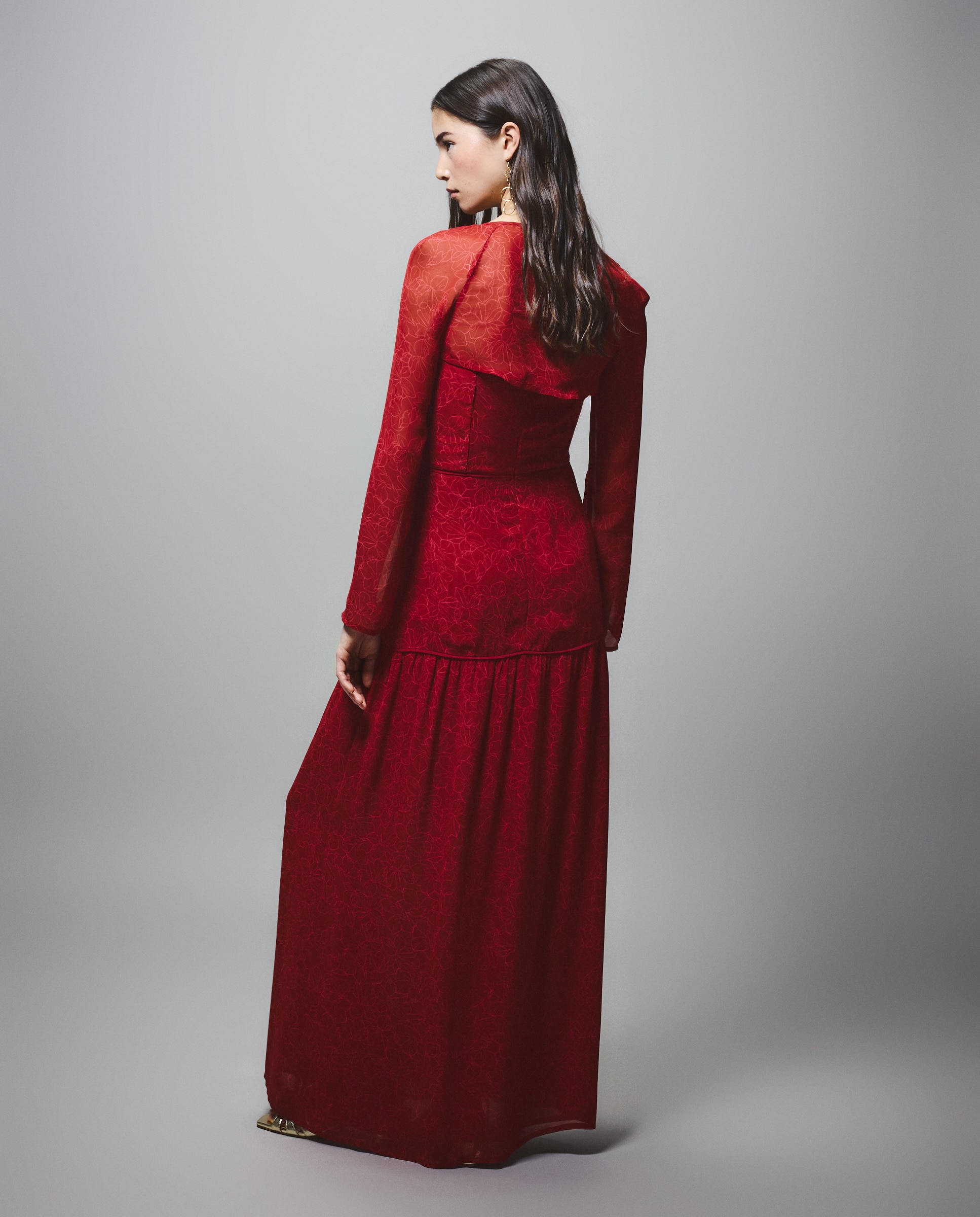 Vestido Estampado com Decote Caicai e Camadas 600 Vermelho-2