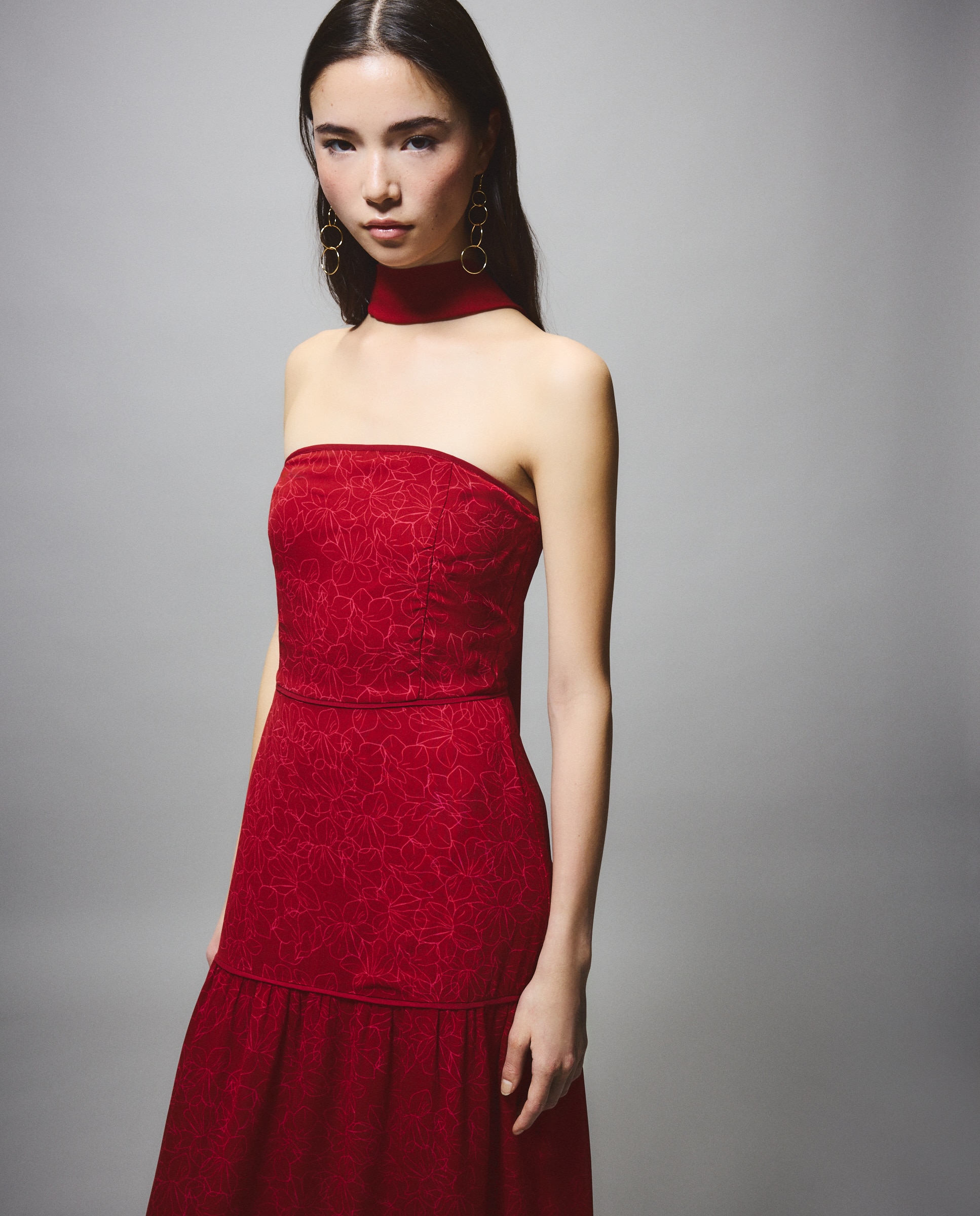 Vestido Estampado com Decote Caicai e Camadas 600 Vermelho-3