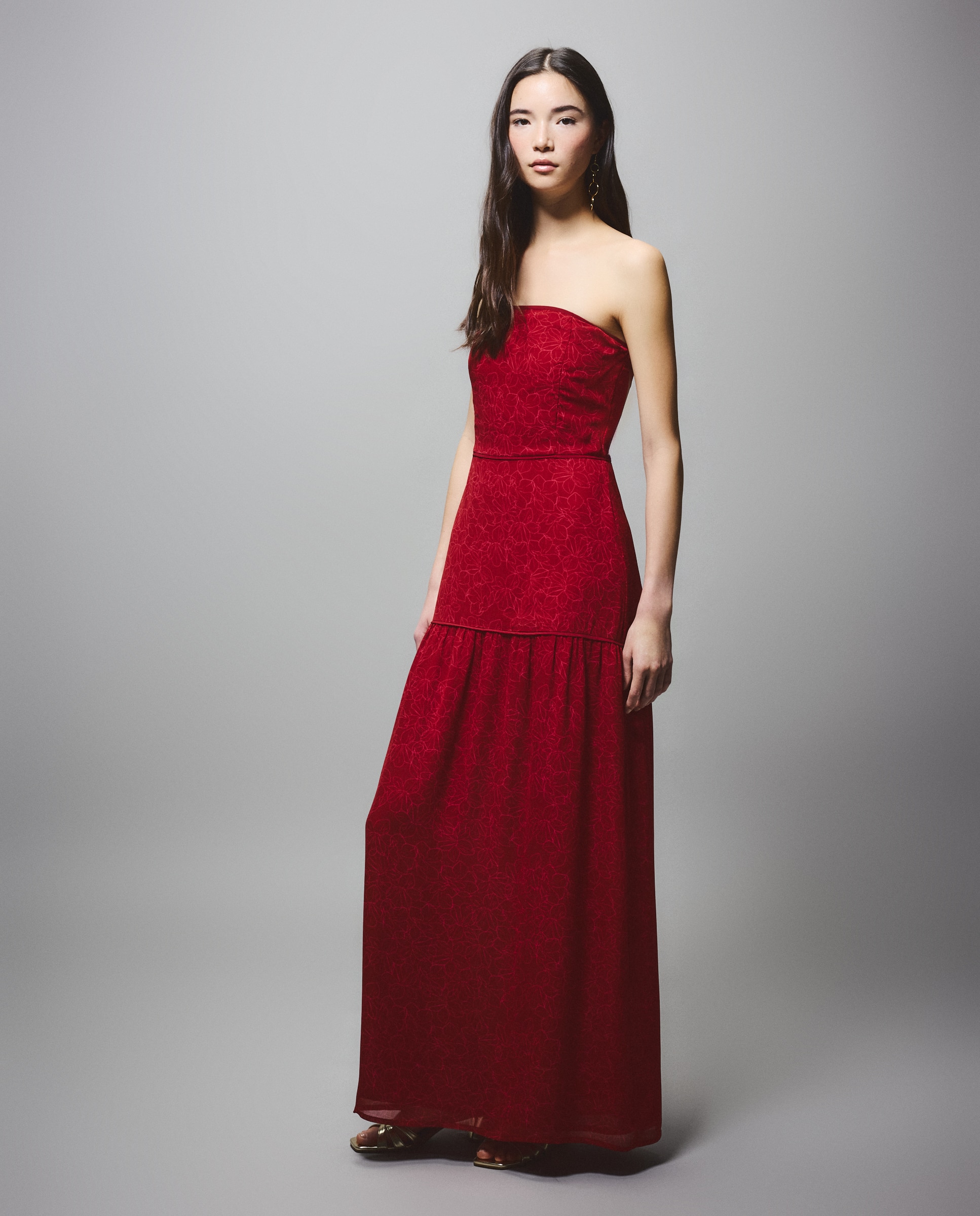 Vestido Estampado com Decote Caicai e Camadas 600 Vermelho-4