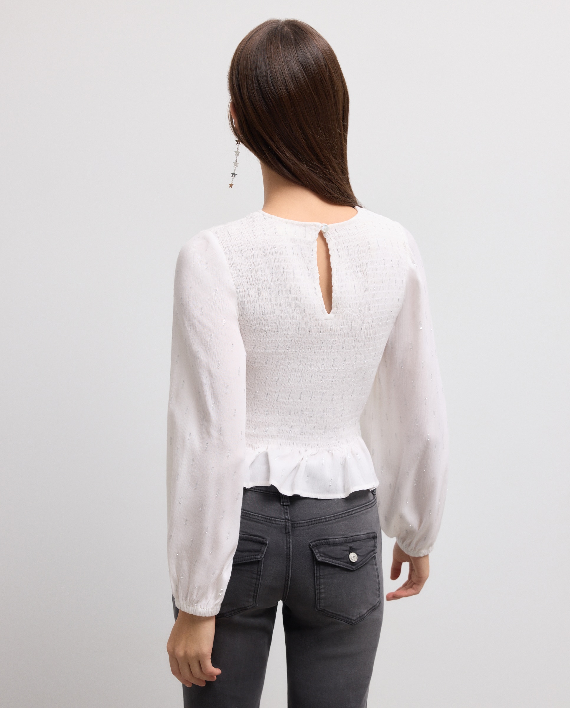 Blusa de Manga Comprida Smoked com Fio Metalizado e Decote Redondo Branco-3
