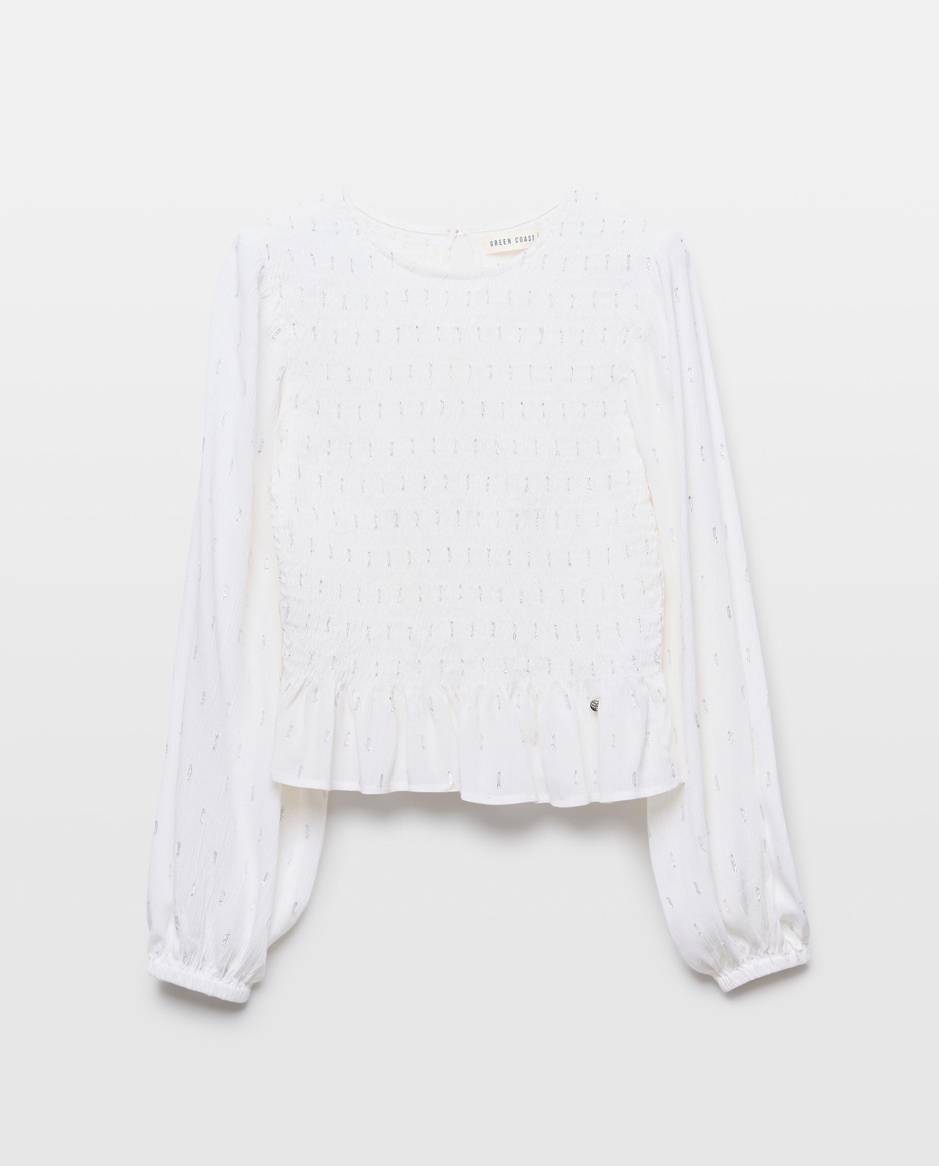 Blusa de Manga Comprida Smoked com Fio Metalizado e Decote Redondo Branco-5