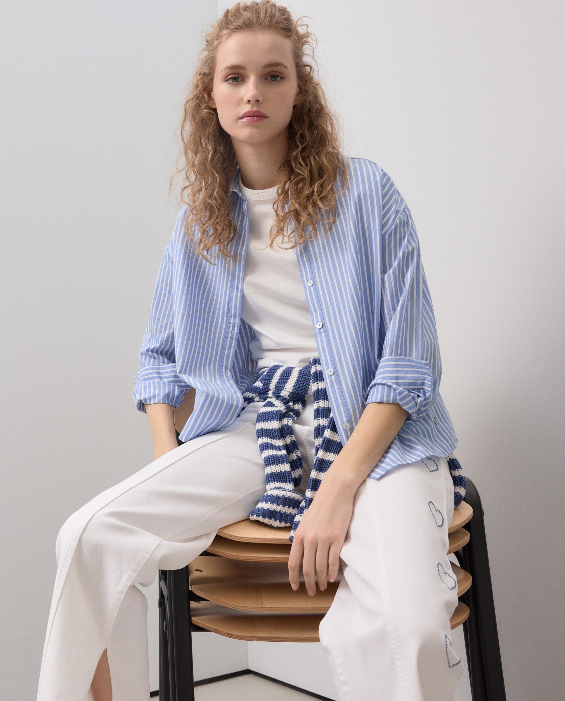 Camisa às Riscas com Manga Comprida Azul-1