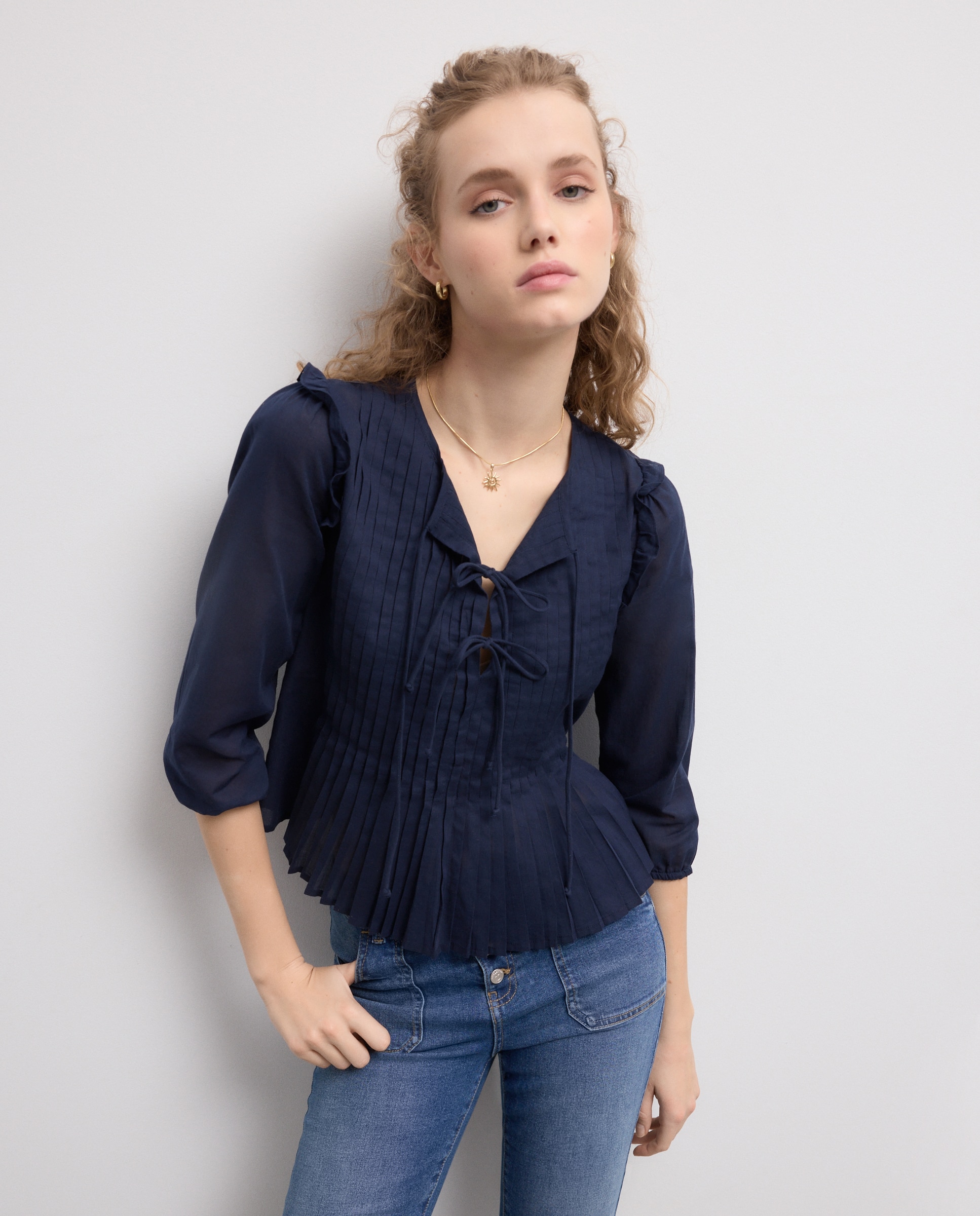 Blusa de Pregas com Laços e Manga Comprida Azul-marinho-1