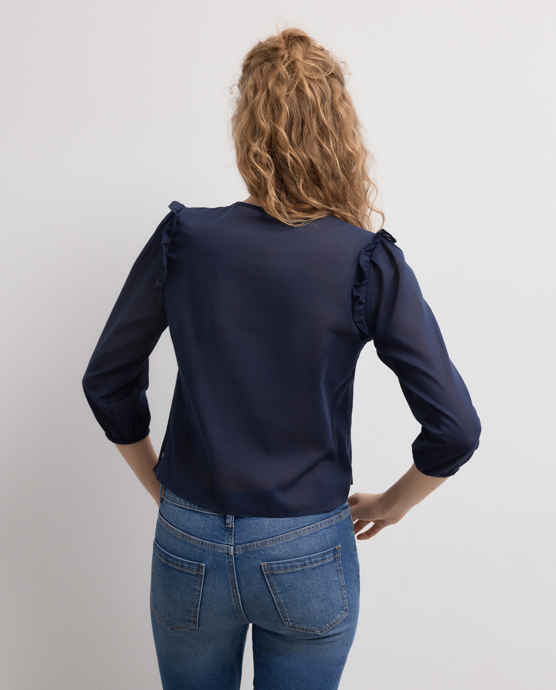 Blusa de Pregas com Laços e Manga Comprida Azul-marinho-3
