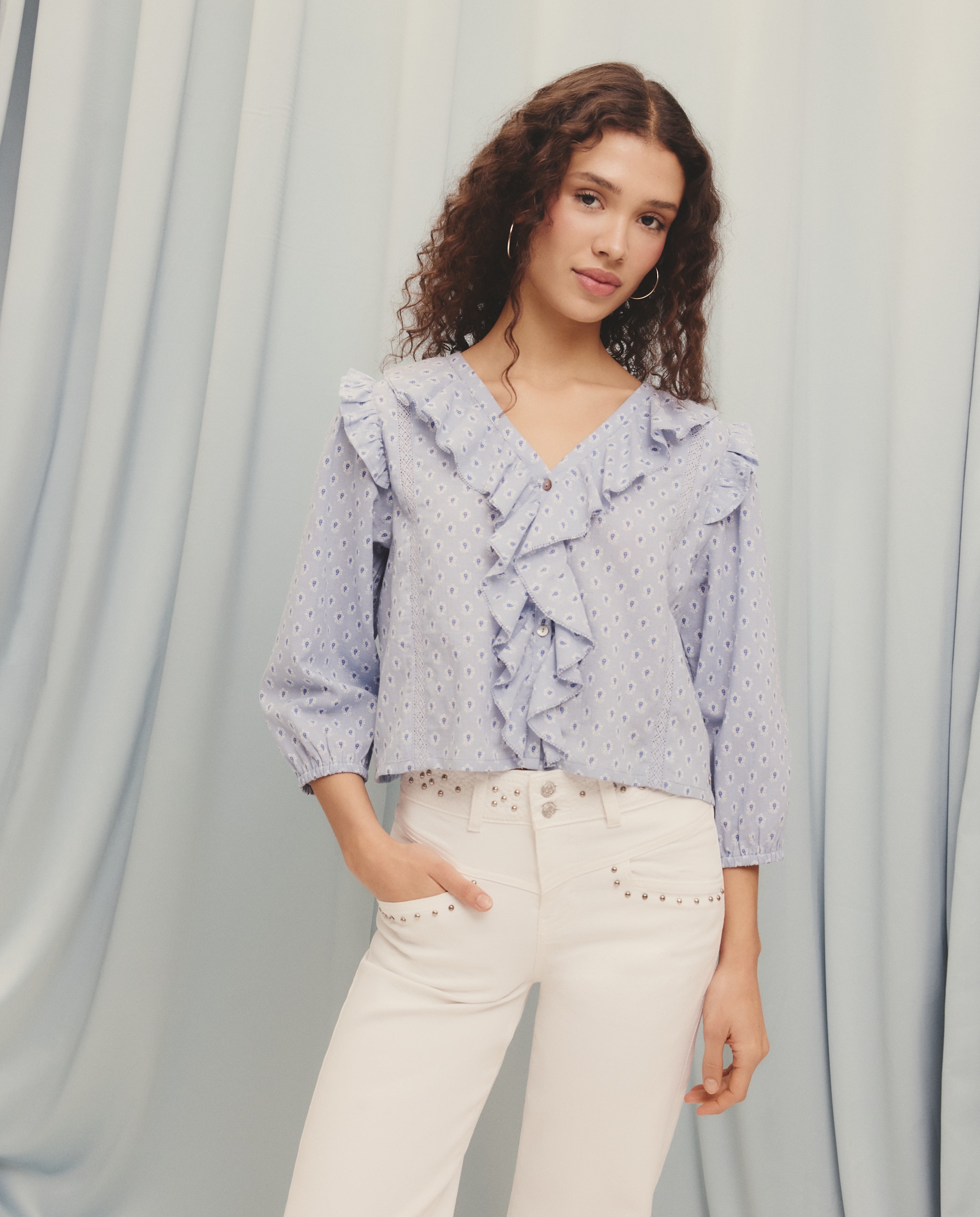Blusa com Folhos e Elásticos 410 Azul Claro-1
